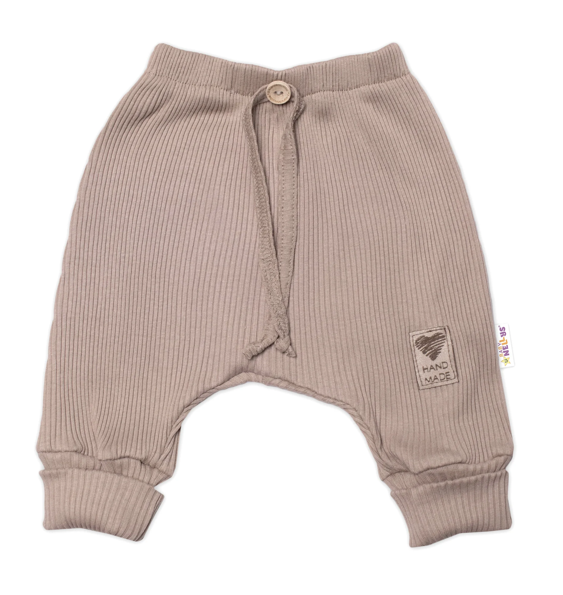 Baby Nellys 3-dílná žebrovaná soupr. Hand Made, body, tepláčky a čepička, béžová, vel. 62 vel. 62