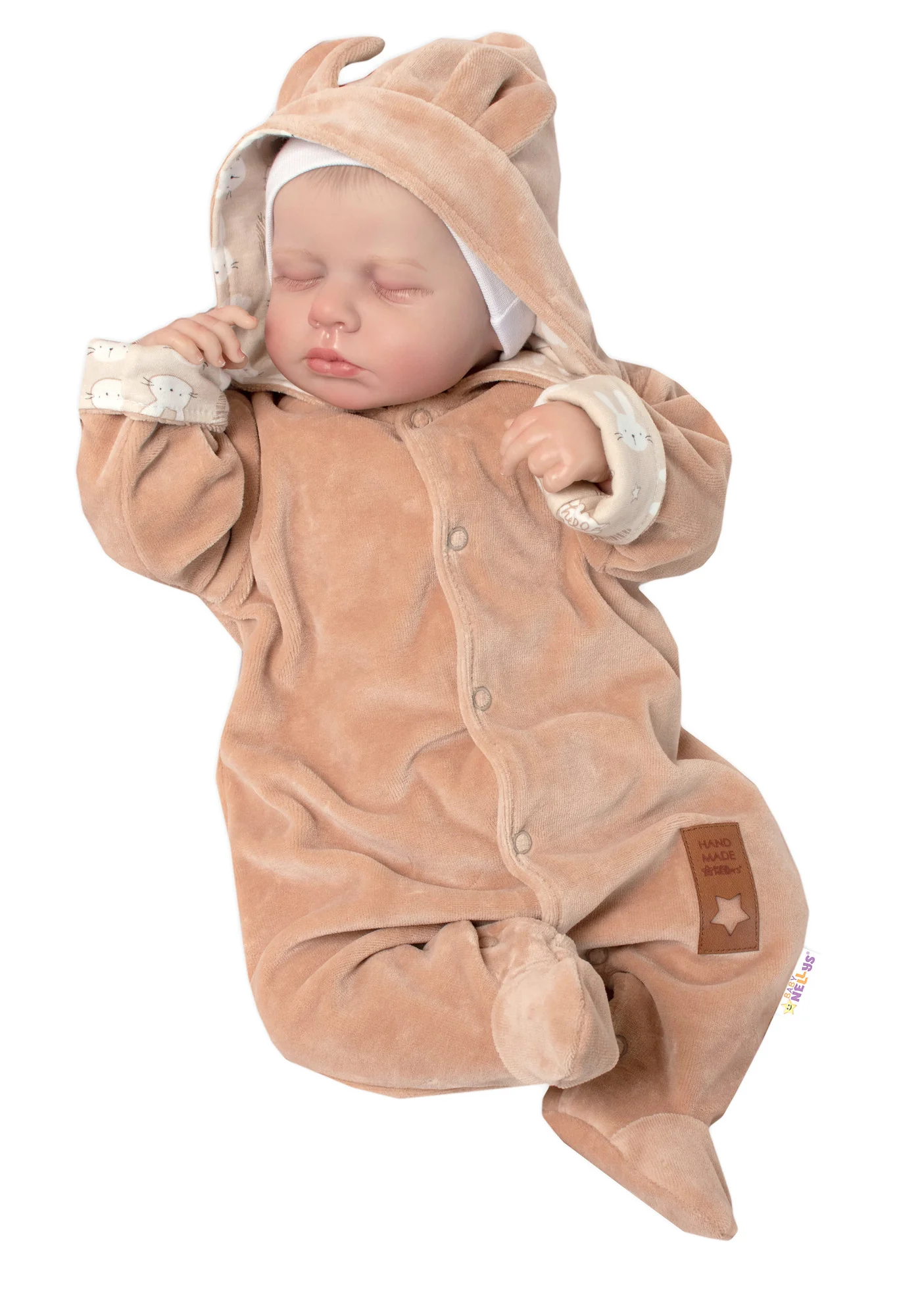Baby Nellys Semiškový, velurový overal s kapucí Baby Nellys New Bunny, hnědý, vel. 80