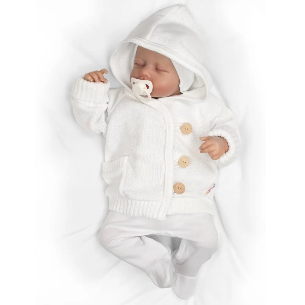 Baby Nellys Rostoucí pletený svetřík s kapucí, zapínání knoflíčky - bílý, vel. 68/74