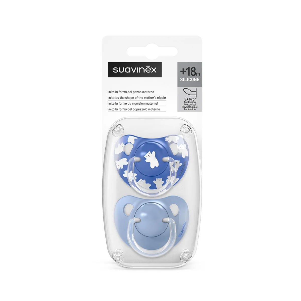 Suavinex Dudlík anatomický silikonový WILD 18m+ 2 ks modrý
