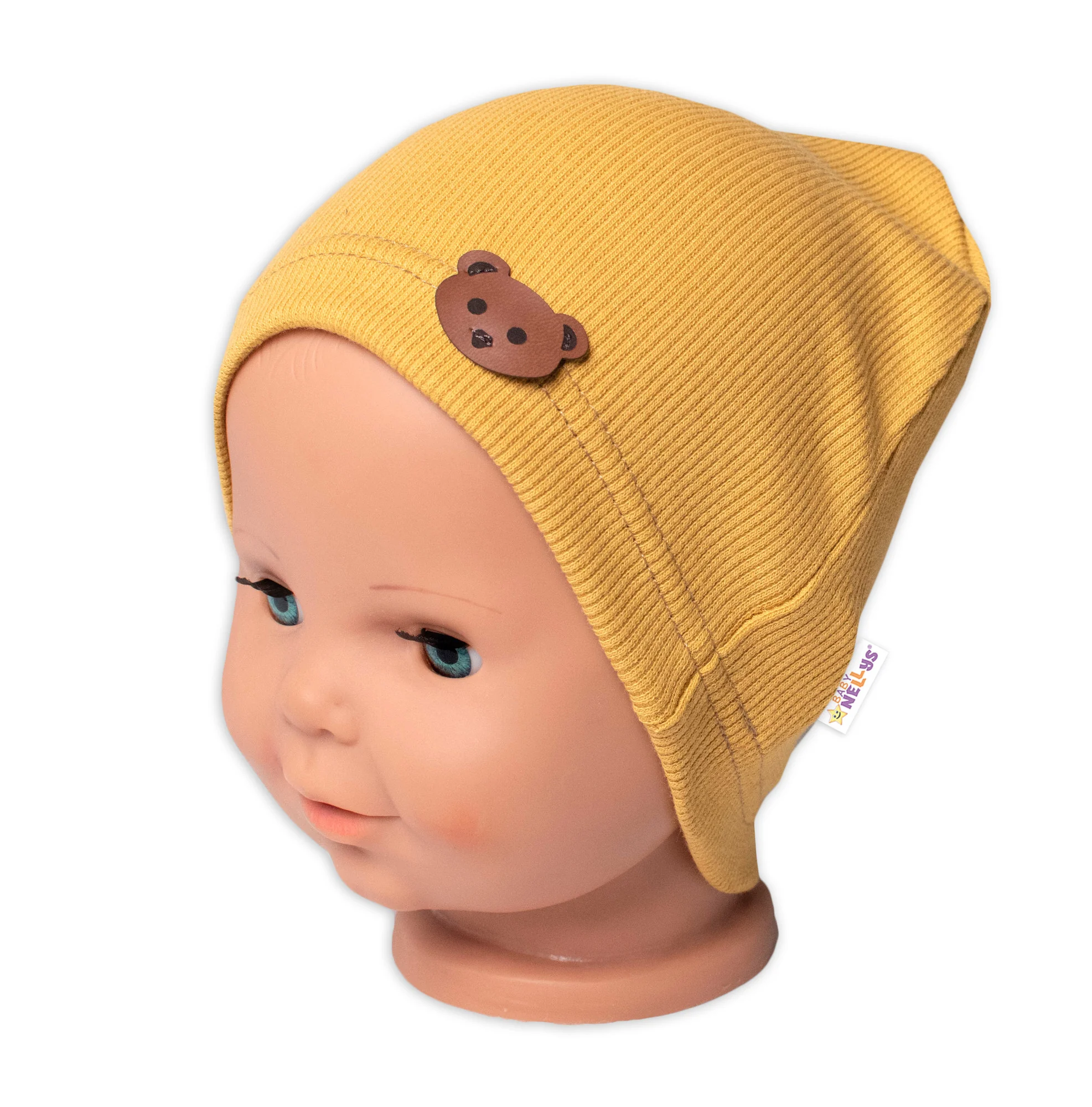 Baby Nellys Žebrovaná čepice Medvídek - hořčicová vel. 92/98