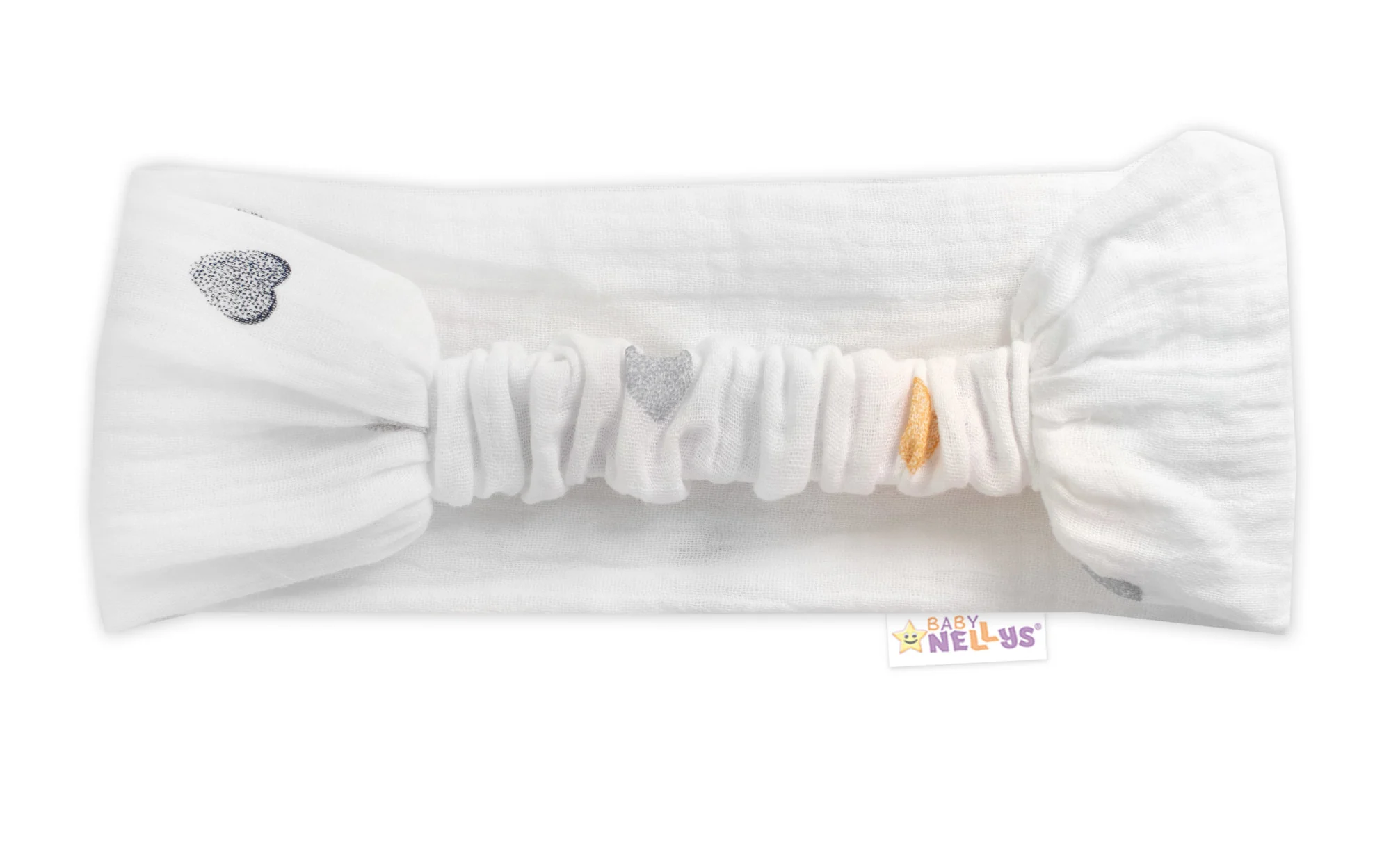 Baby Nellys Letní čelenka, bandana, mušelín, Srdíčka, smetanová vel.  104/110