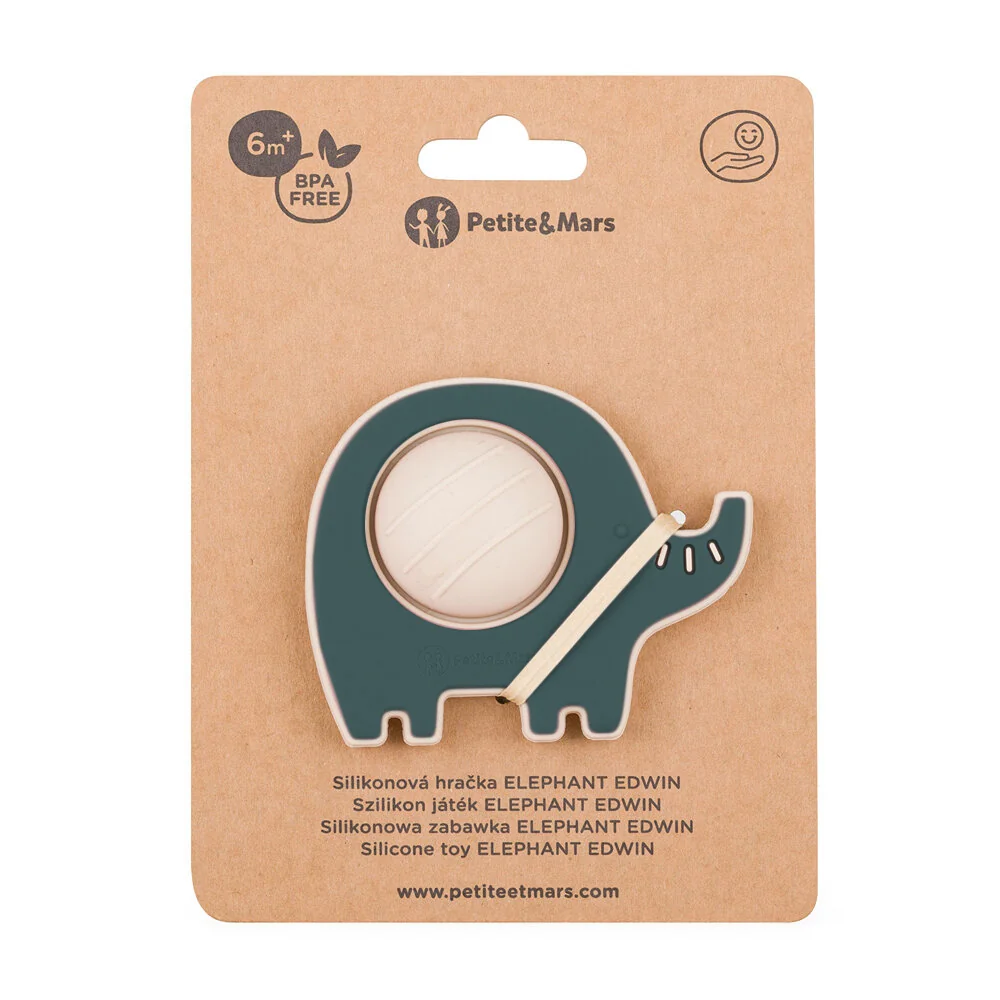 Petite&Mars Elephant Edwin 6m+ silikonová hračka 1 ks misty green