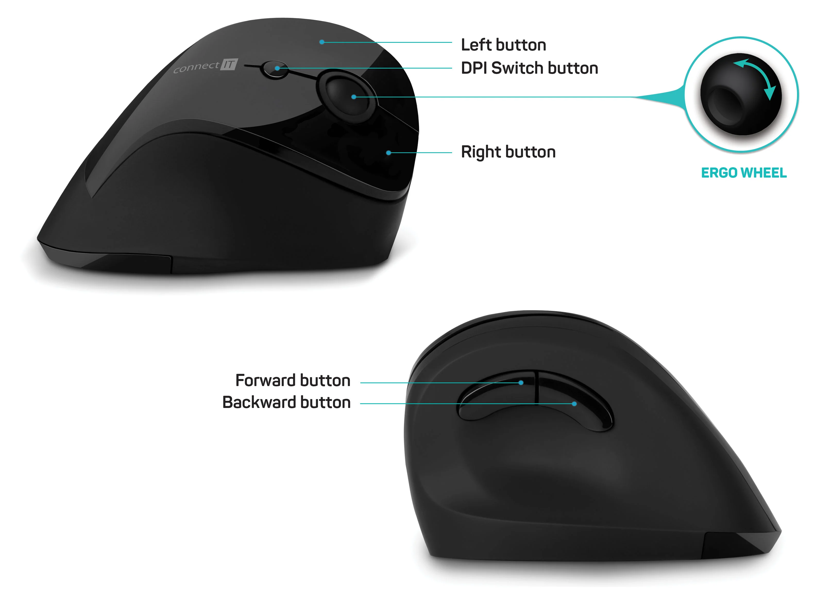 Connect IT For Health Gloss Ergonomická vertikální myš bezdrátová černá