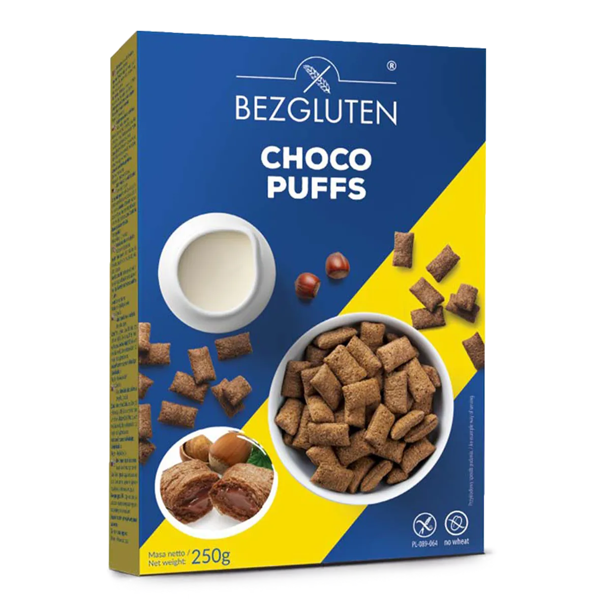 BEZGLUTEN Choco Puffs polštářky s lískooříškovou náplní 250 g