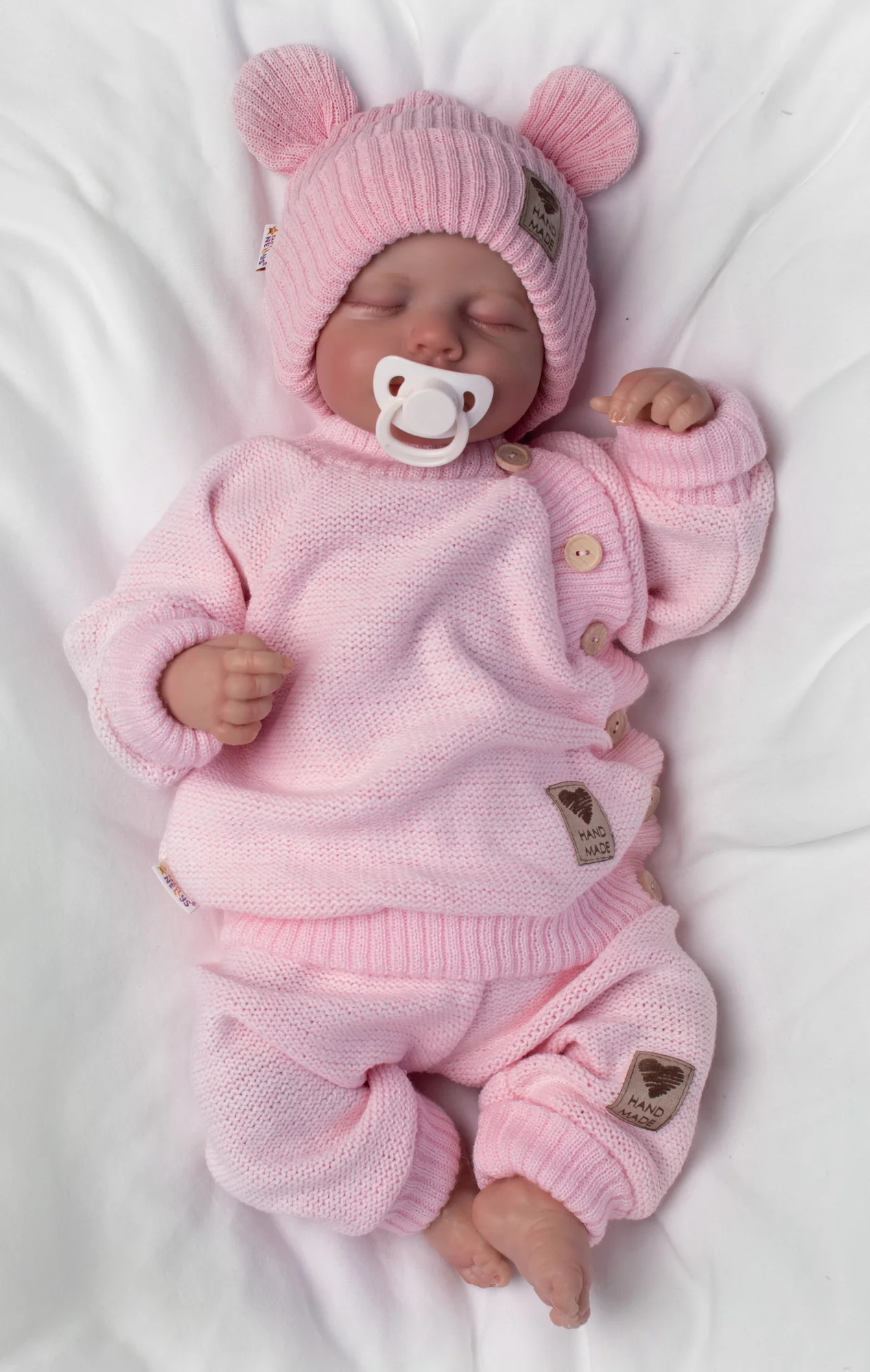 Baby Nellys Pletená bavlněná čepice s oušky, dvouvrstvá, Hand Made růžová