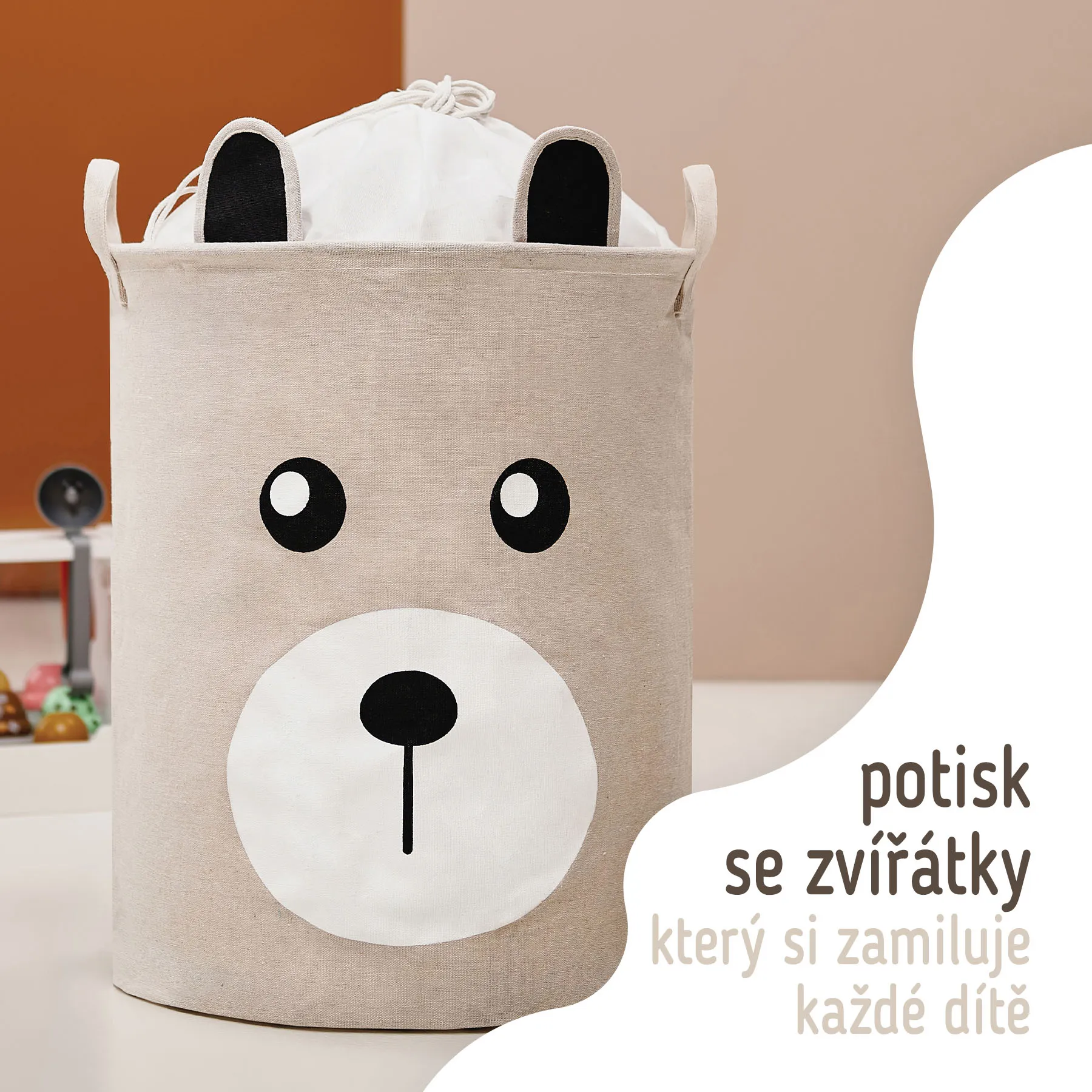 SIPO Koš na hračky se šňůrkou, skládací bavlněný / 43 l, Teddy Bear Beige