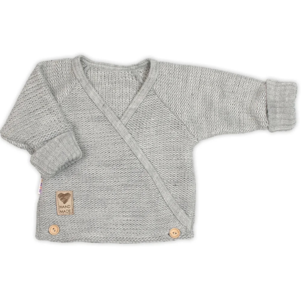 Baby Nellys Rostoucí pletený zavinovací svetřík, kalhoty a čepice, 3D - šedá, vel. 68/74