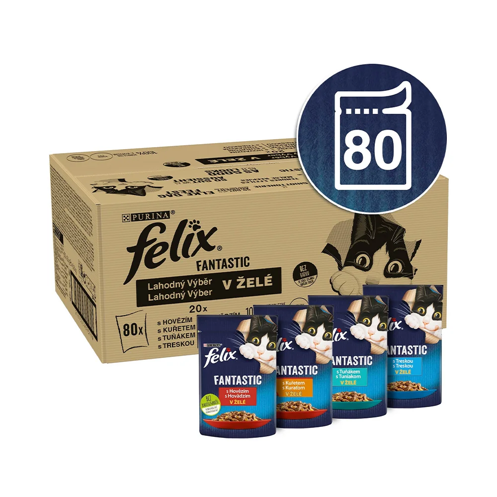 Purina Felix Fantastic hovězí, kuře, tuňák, treska v želé kapsičky pro kočky 80x85 g