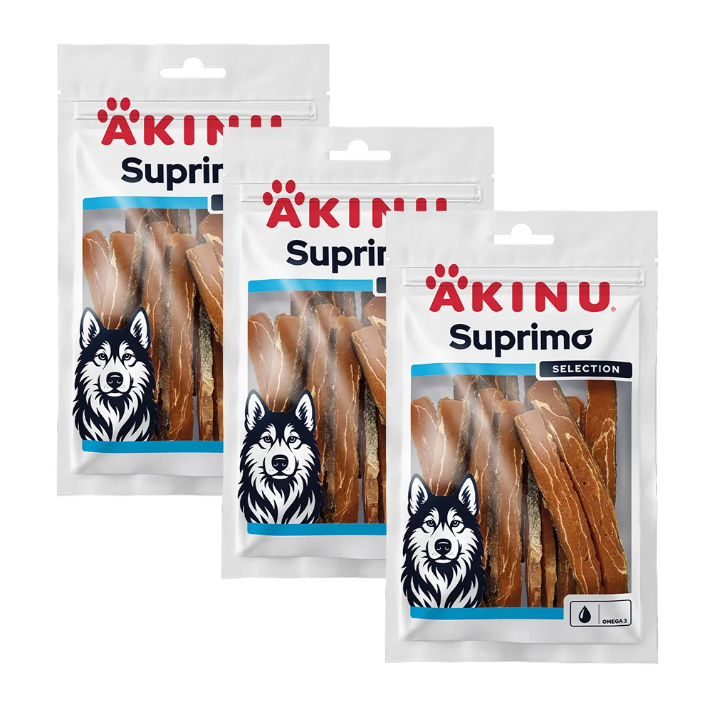 Akinu SUPRIMO SELECTION Losos kousky s kůží pamlsek pro psy mramorovaný 75 g MTP 3 ks