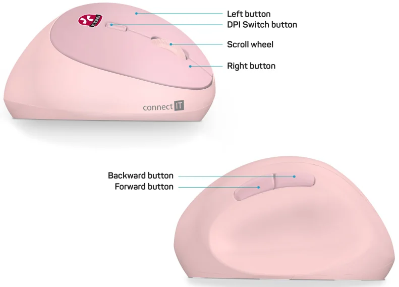 Connect IT For Health Ladies CMO-2600-PK ergonomická vertikální myš růžová