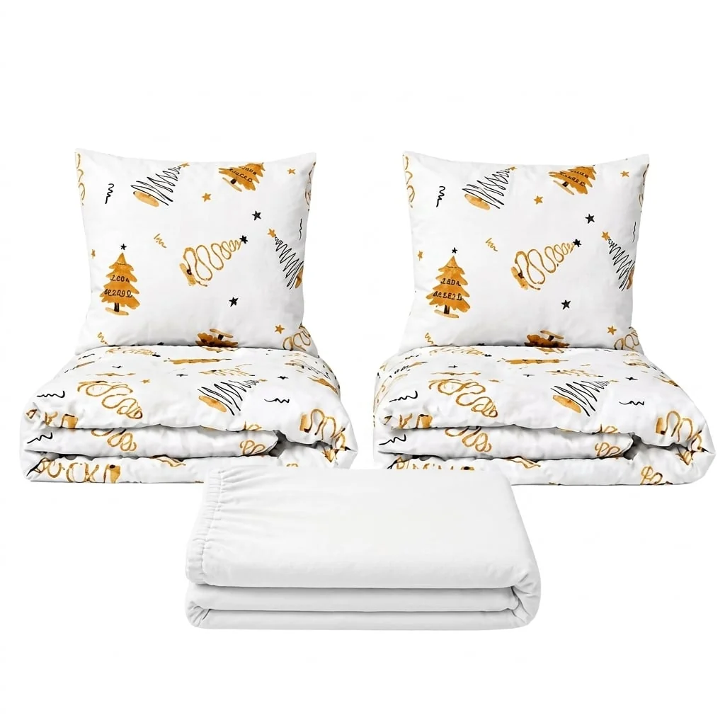 Povlečeme vše Set dvoulůžko Stromky zlaté - 2x povlečení, prostěradlo 180x200 cm (015) bílá