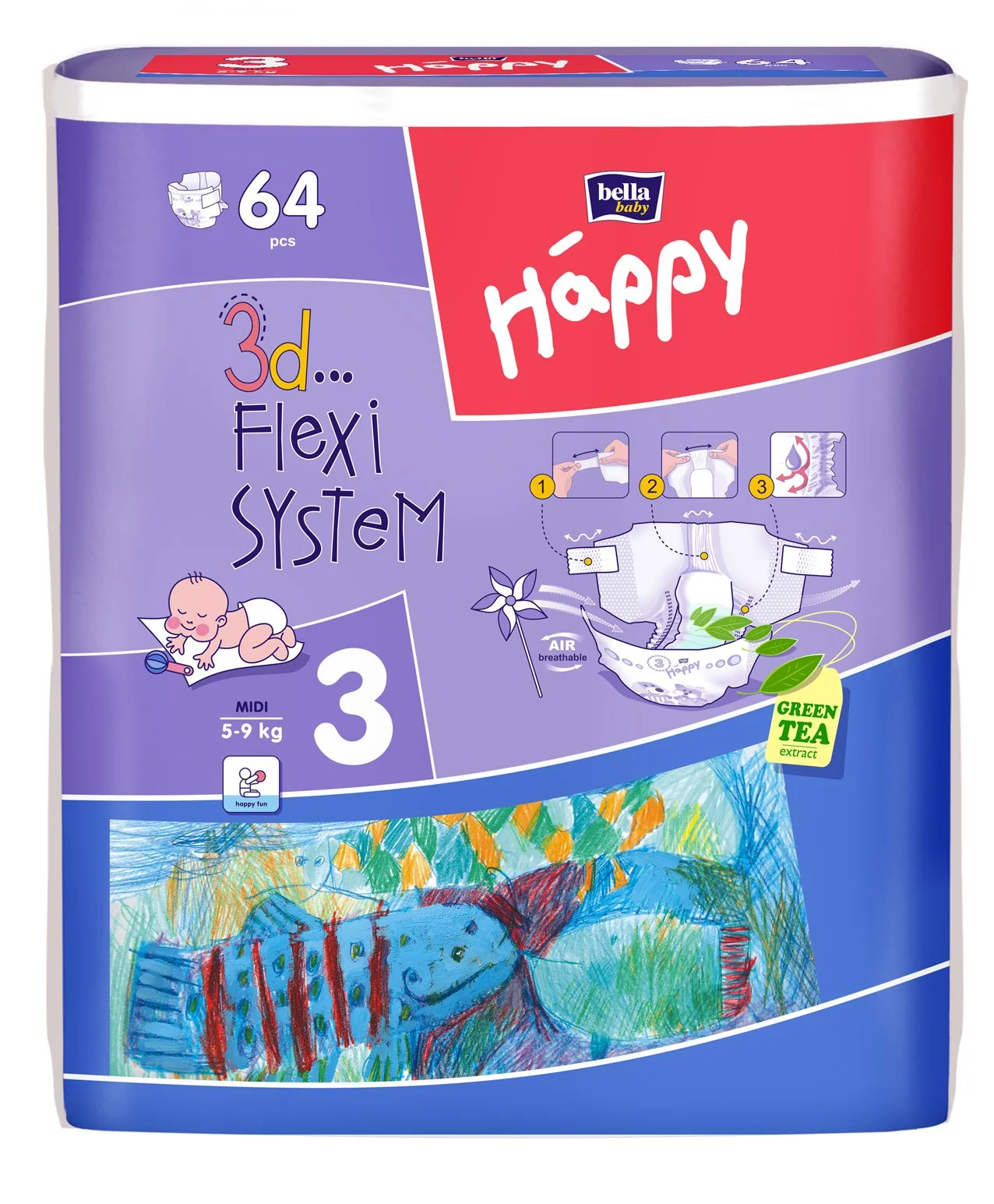 HAPPY Midi dětské pleny 64ks