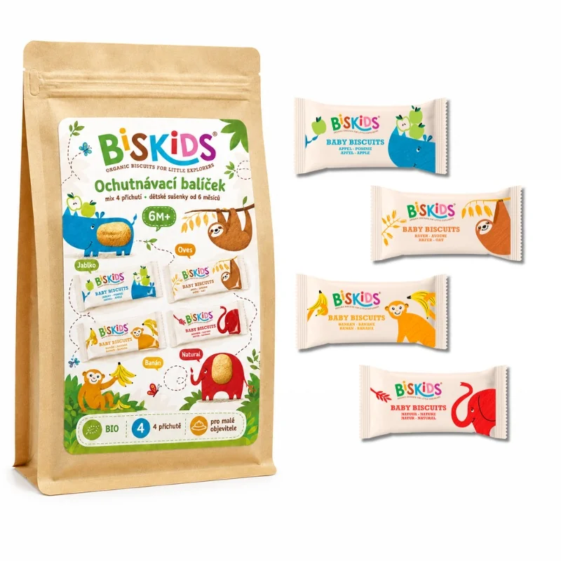 Biskids BIO ochutnávací balíček sušenek 6m+ mix 4 příchutí 4x20 g