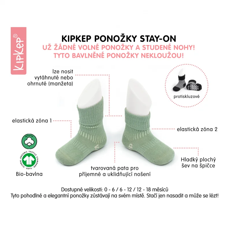 KipKep dětské ponožky Stay-on-Socks 6-12m 2páry Pebble Grey