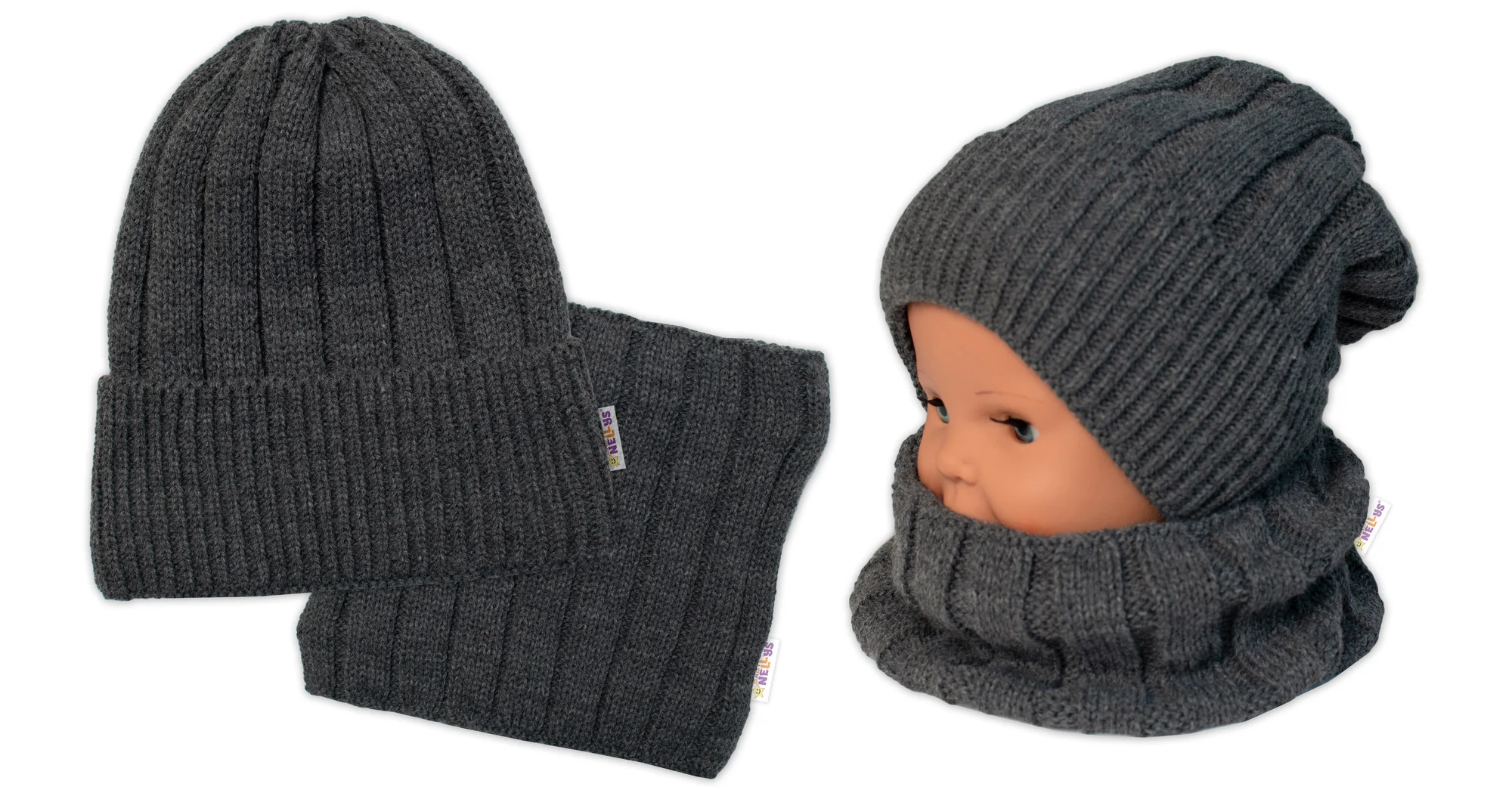 Baby Nellys Dětská zimní nadčasová čepice + komínek , tm. šedá