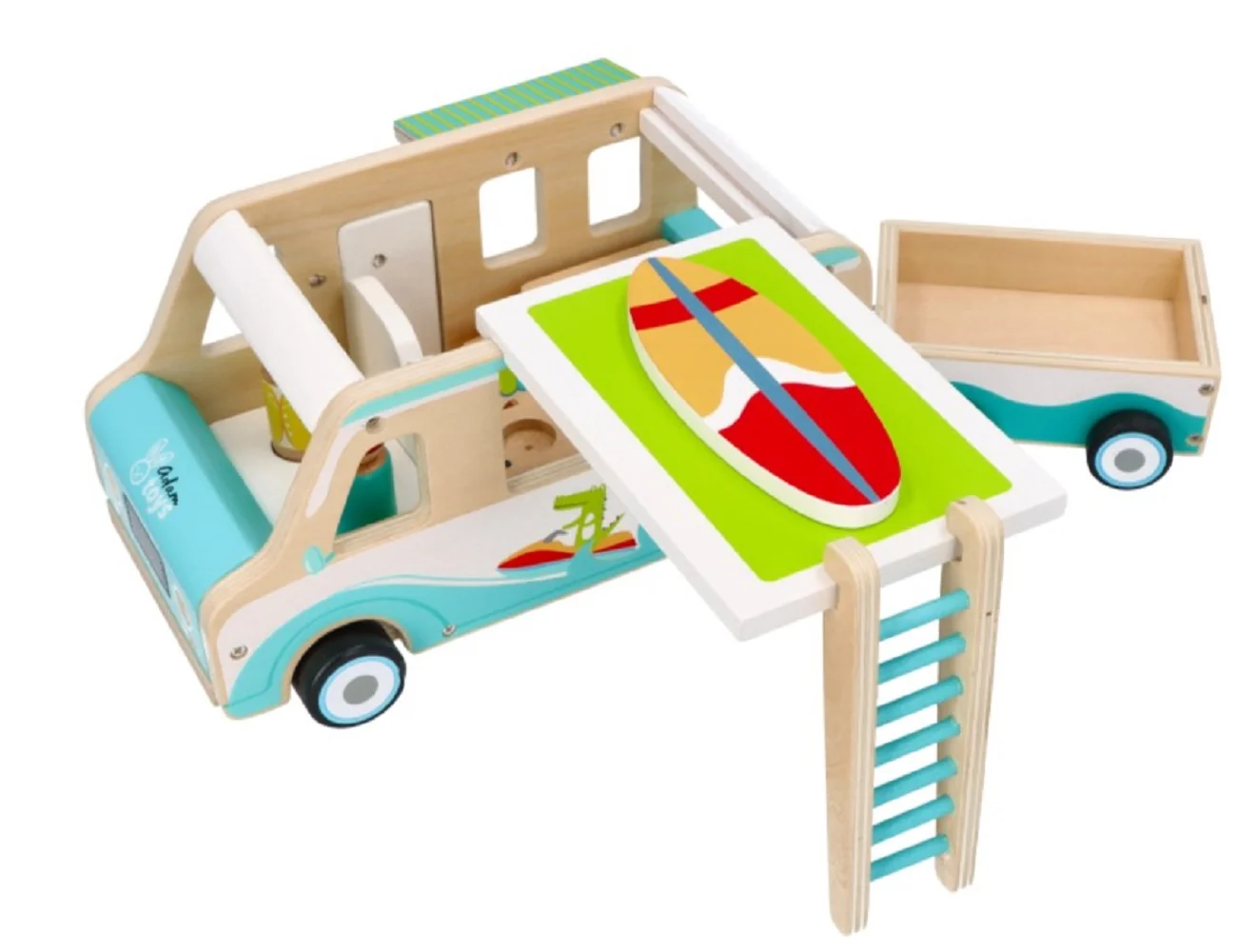 Adam Toys Dřevěnný autokaravan s přívěsem a příslušenstvím,