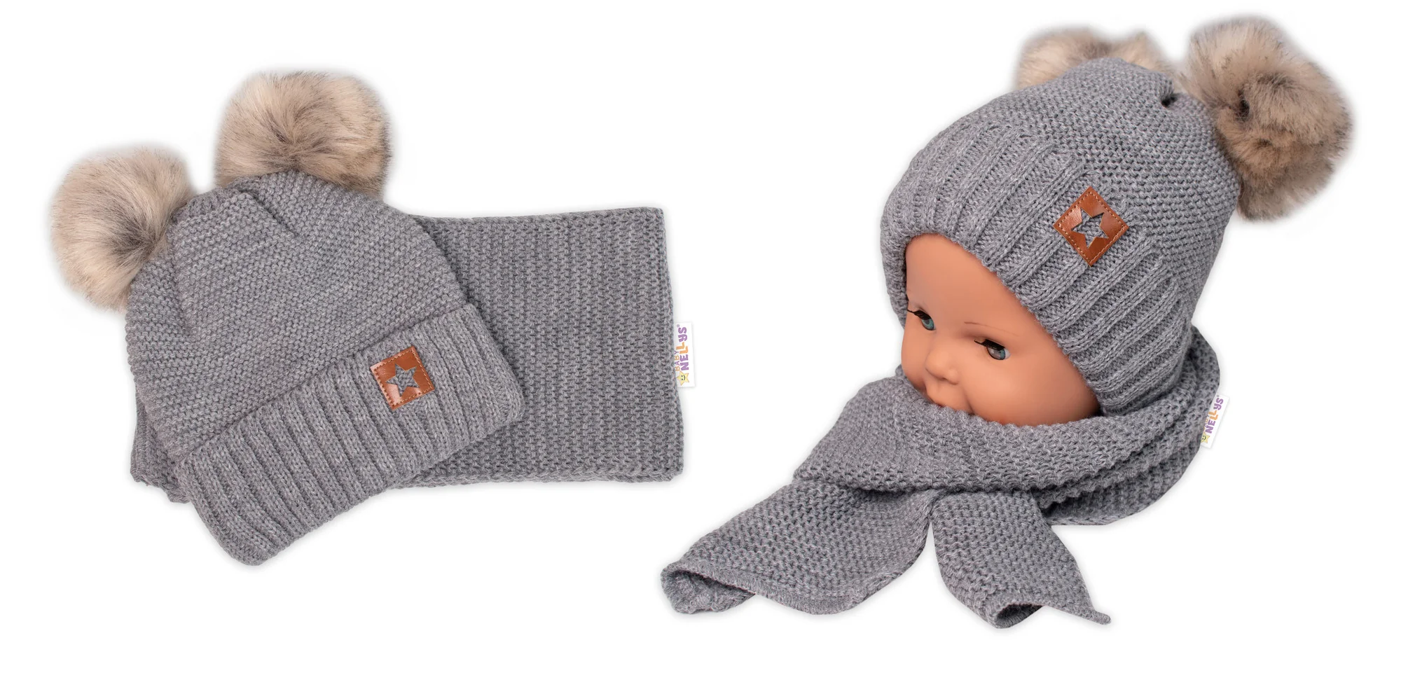 Baby Nellys 2D, Zimní čepice s šálou, Star, šedá, 6/24 měsíců