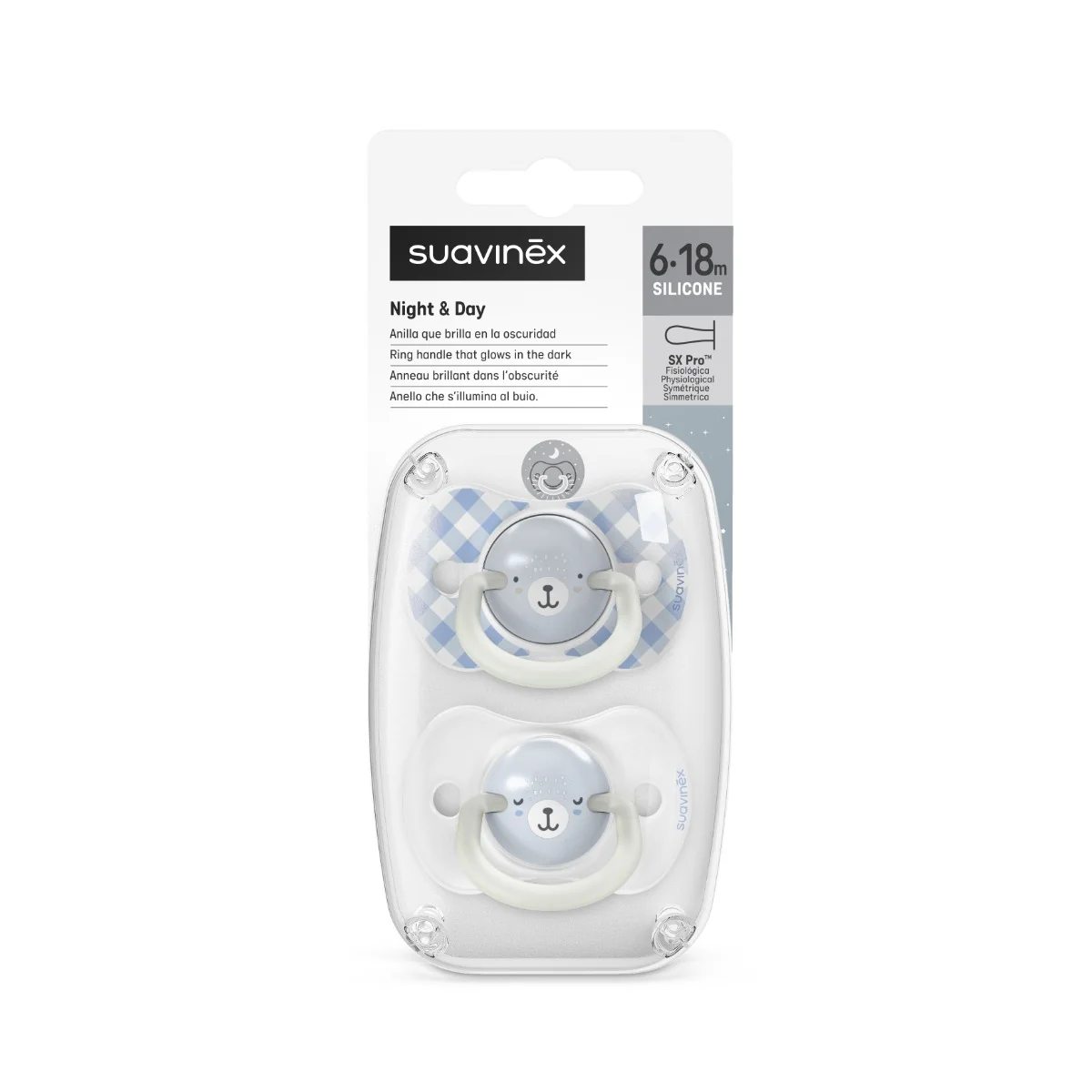 Suavinex Šidítko DEN&NOC fyziologické silikonové WILD&FREE 6-18m 2 ks modré