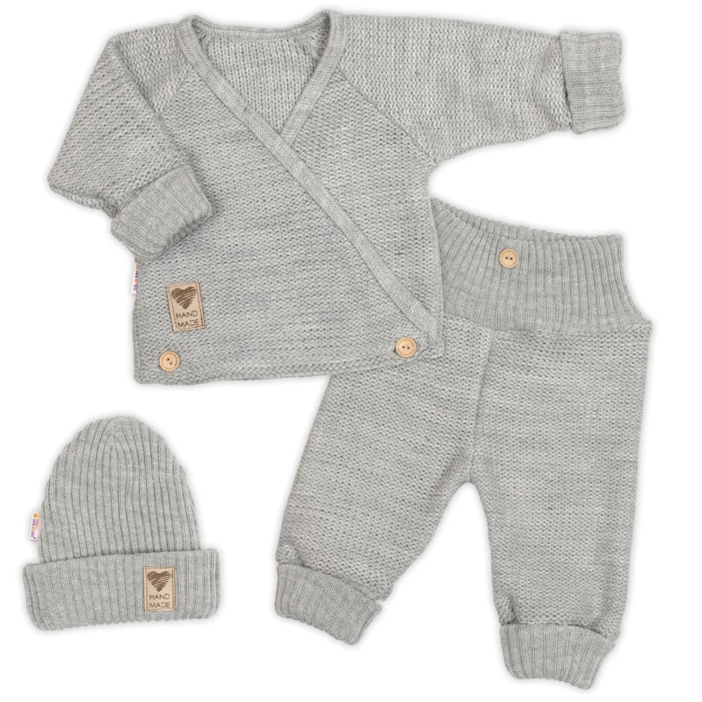 Baby Nellys Rostoucí pletený zavinovací svetřík, kalhoty a čepice, 3D - šedá, vel.56/62