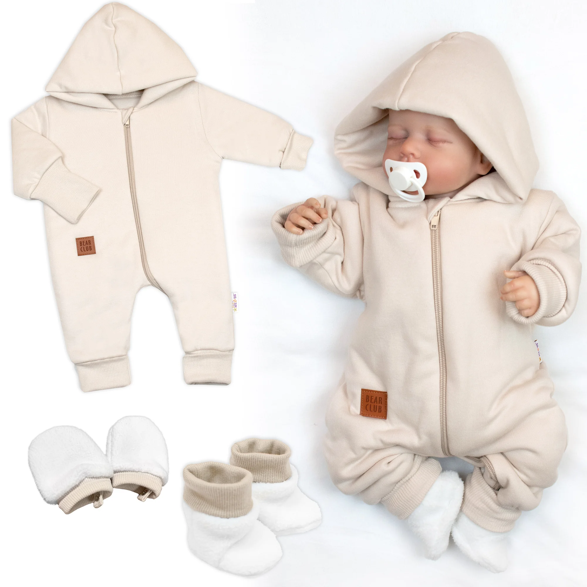 Baby Nellys 3D sada Nature, overal, botky, rukavičky - sv. béžový, vel. 74