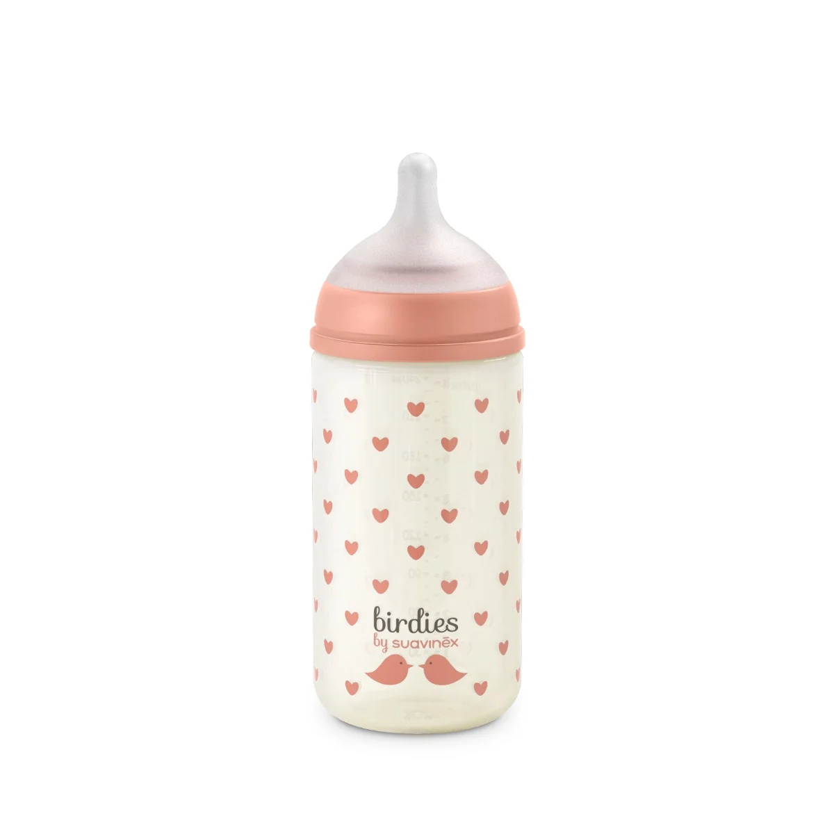 Suavinex Láhev skleněná fyziologická BIRDIES 240 ml 1 ks růžová