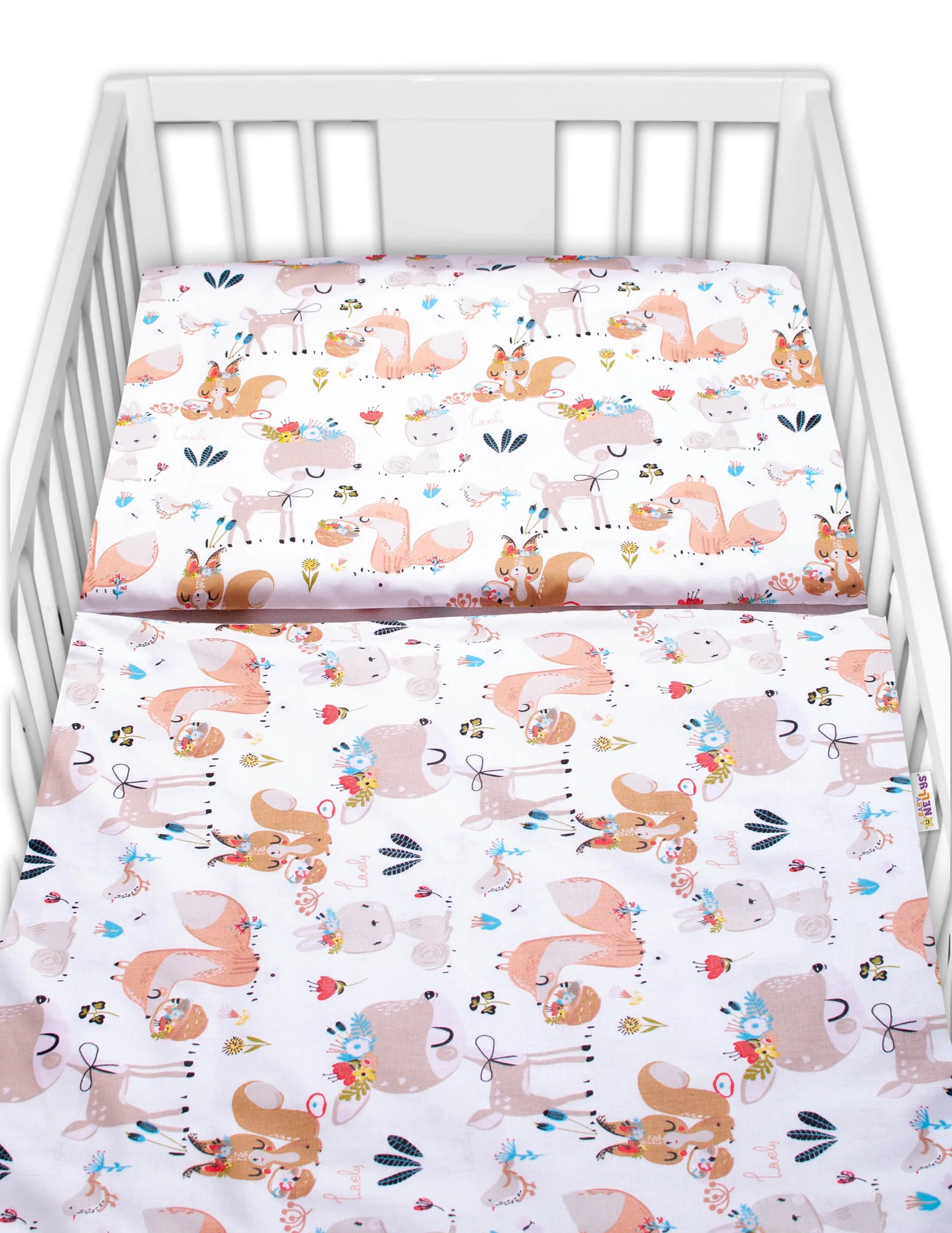 Baby Nellys 3-dílná sada Mantinel s povlečením - Pohádková zvířátka - bílá