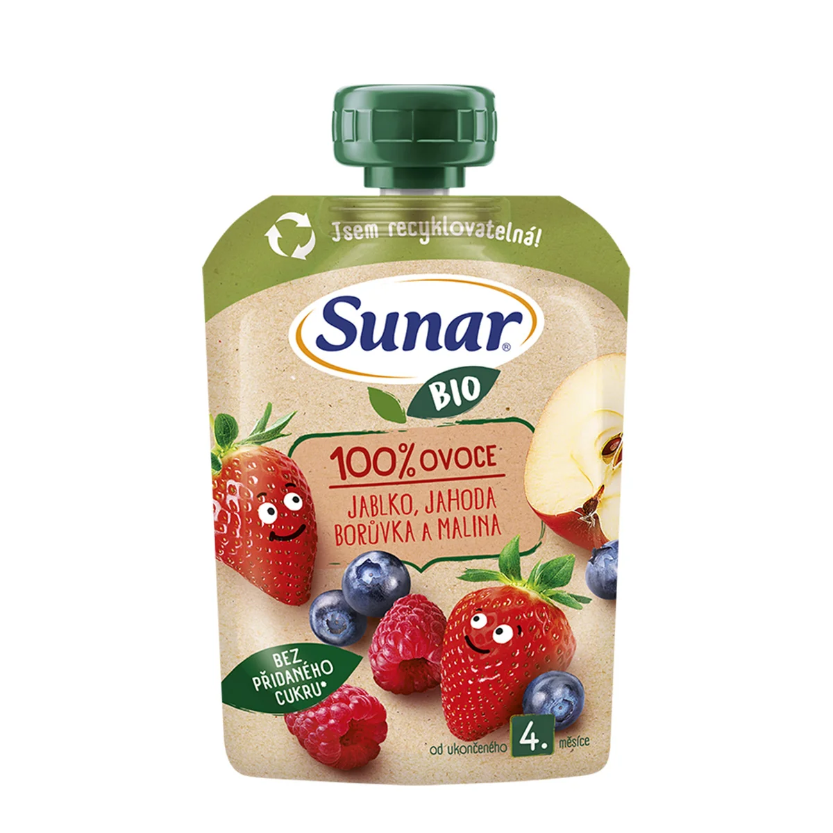 Sunar BIO Jablko, jahoda, borůvka, malina 4m+ kapsička 100 g