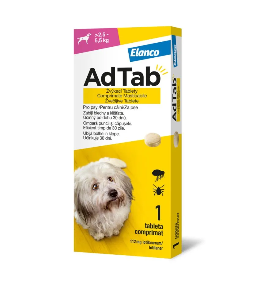 AdTab Žvýkací tablety pro psy >2,5-5,5 kg 112 mg 1 tableta