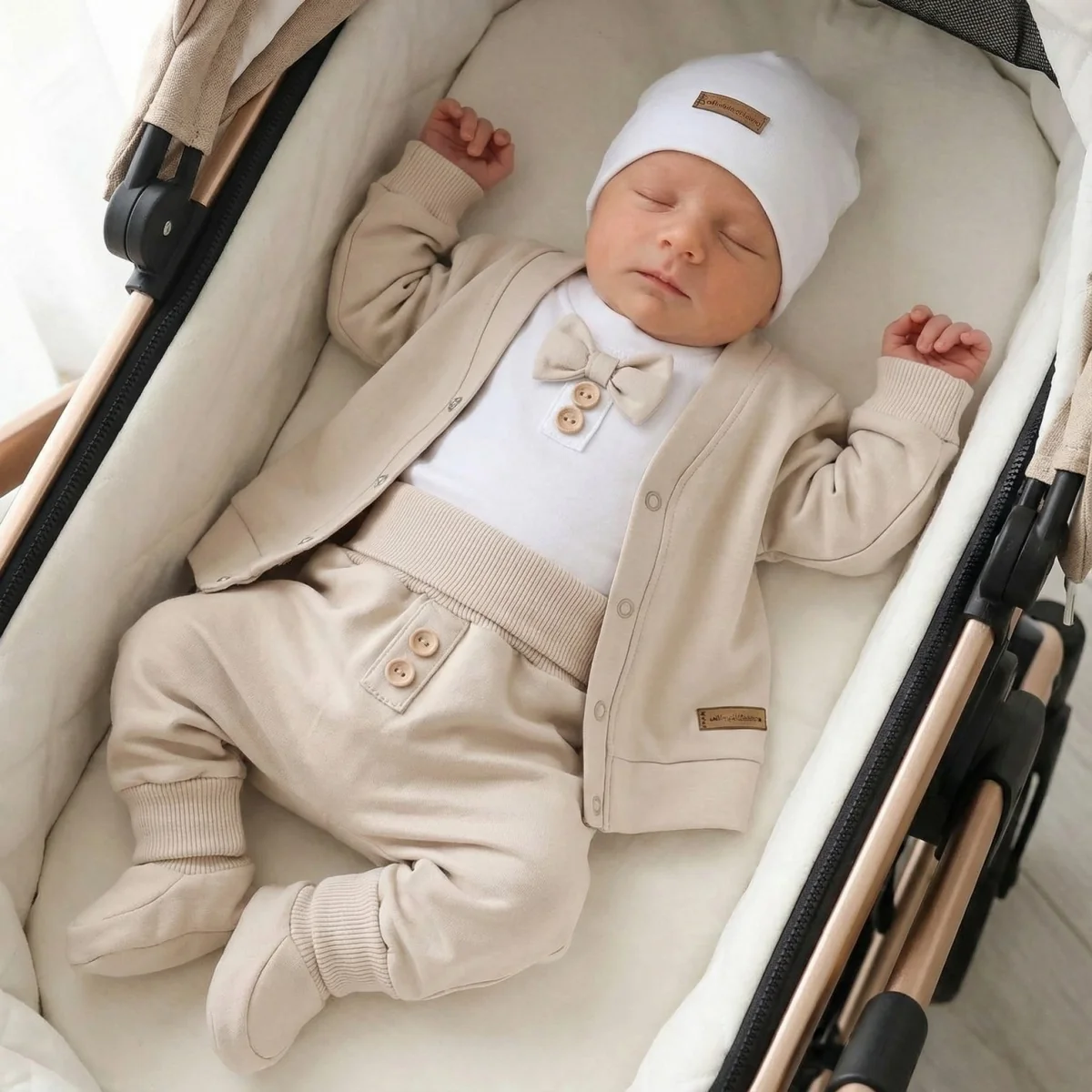 Kazum Bavlněná sada, body, kalhoty, motýlek a čepice Elegant Boy 5D, béžová/bílá