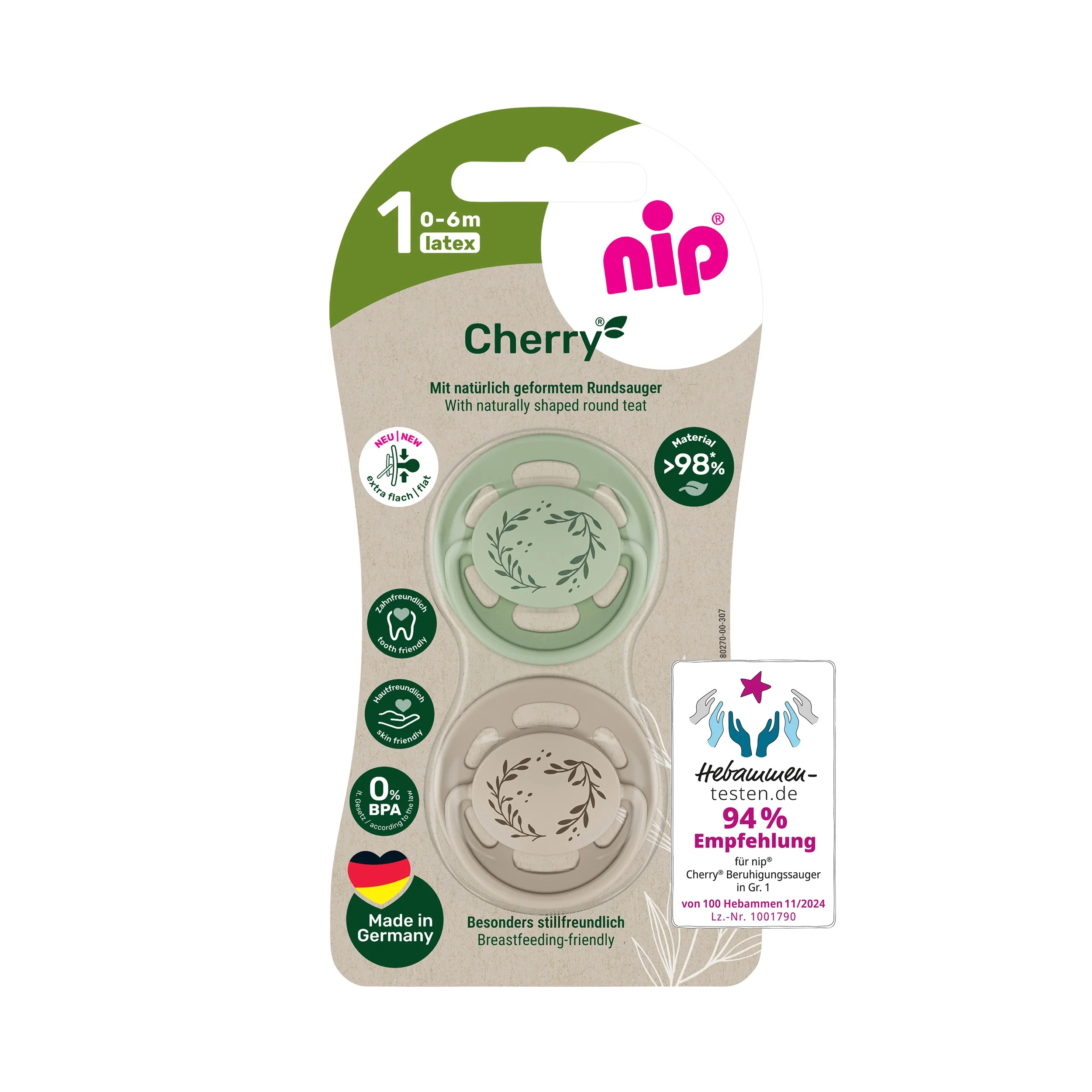 nip CHERRY NATURE line šidítko, kaučuk,velikost 1 (0-6m), 2ks, green/brown 
