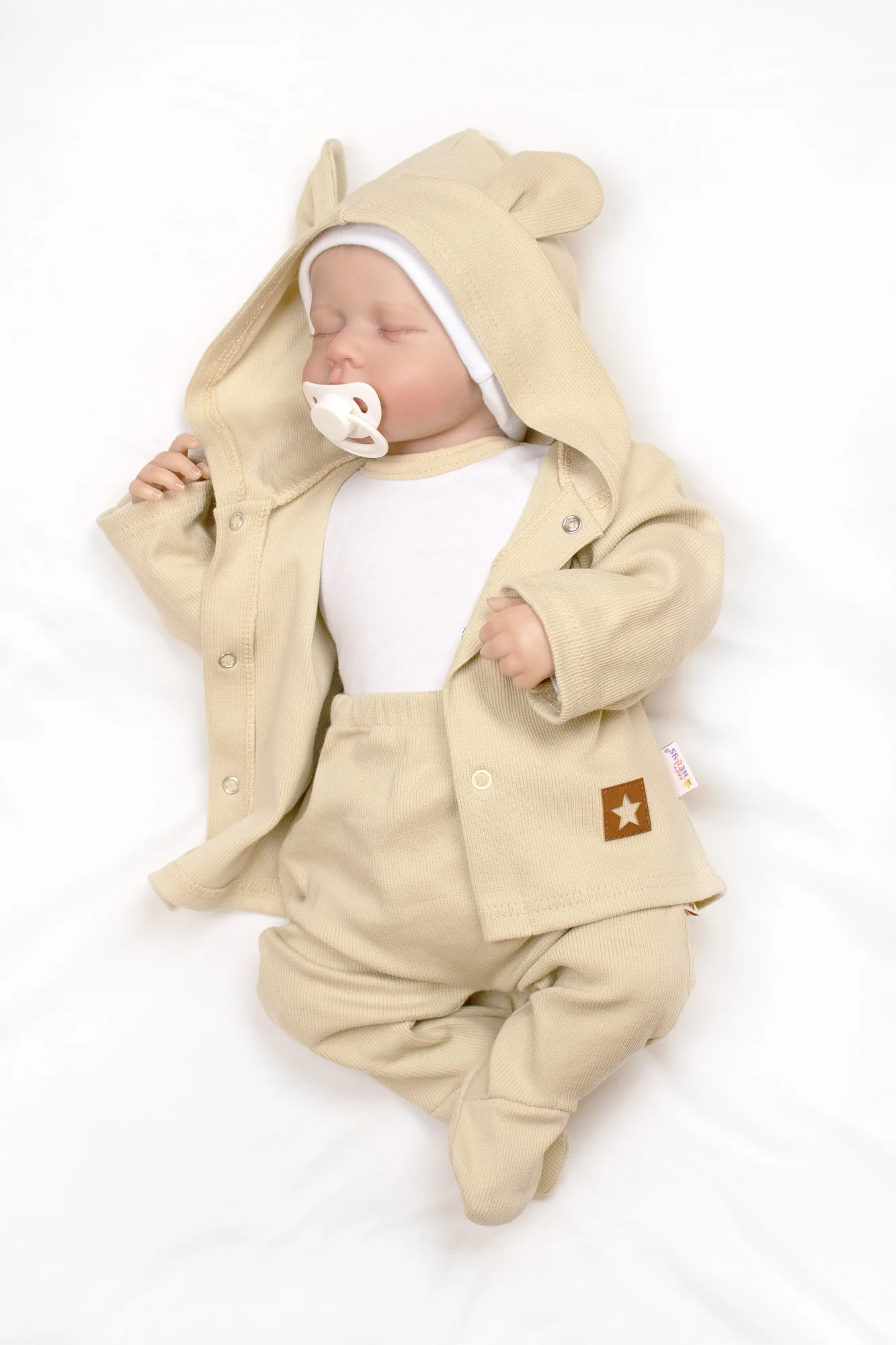 Baby Nellys Žebrovaná sada, Star 5D, body, polodupačky, kabátek, čepička - bílá béžová, 68