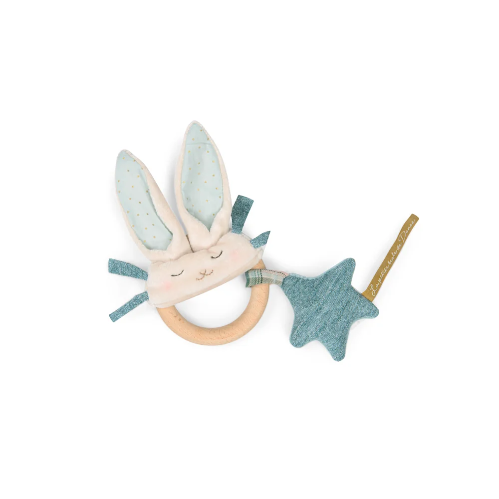 Moulin Roty Chrastítko s dřevěným kroužkem Blue rabbit