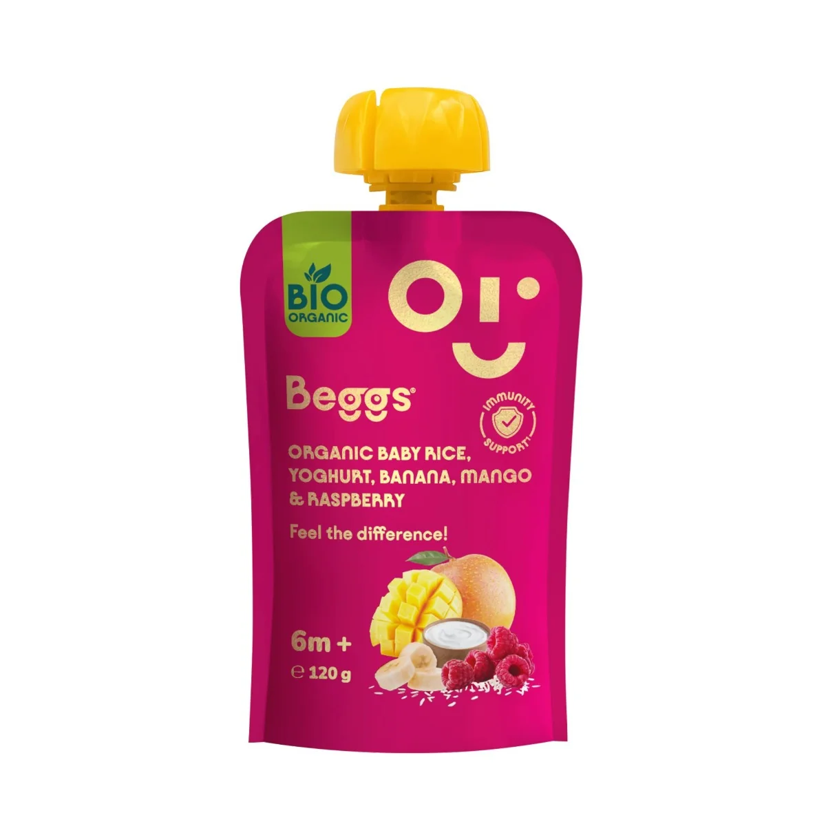 Beggs BIO Kapsička dětská rýže, jogurt, banán, mango, maliny 6m+ 120 g