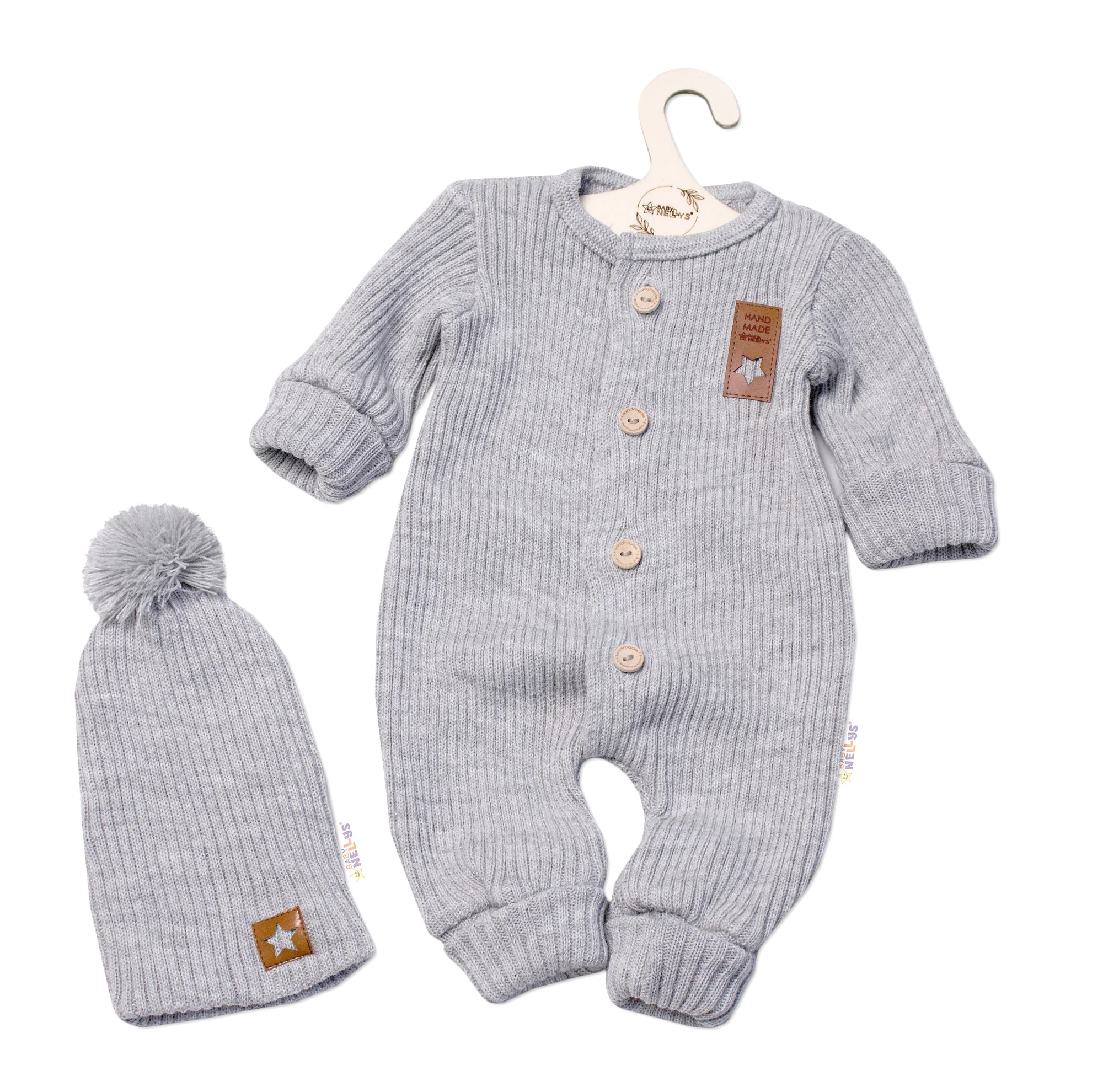 Baby Nellys 2D Pletený overálek STAR + čepice Hand Made, šedá, vel. 68/74