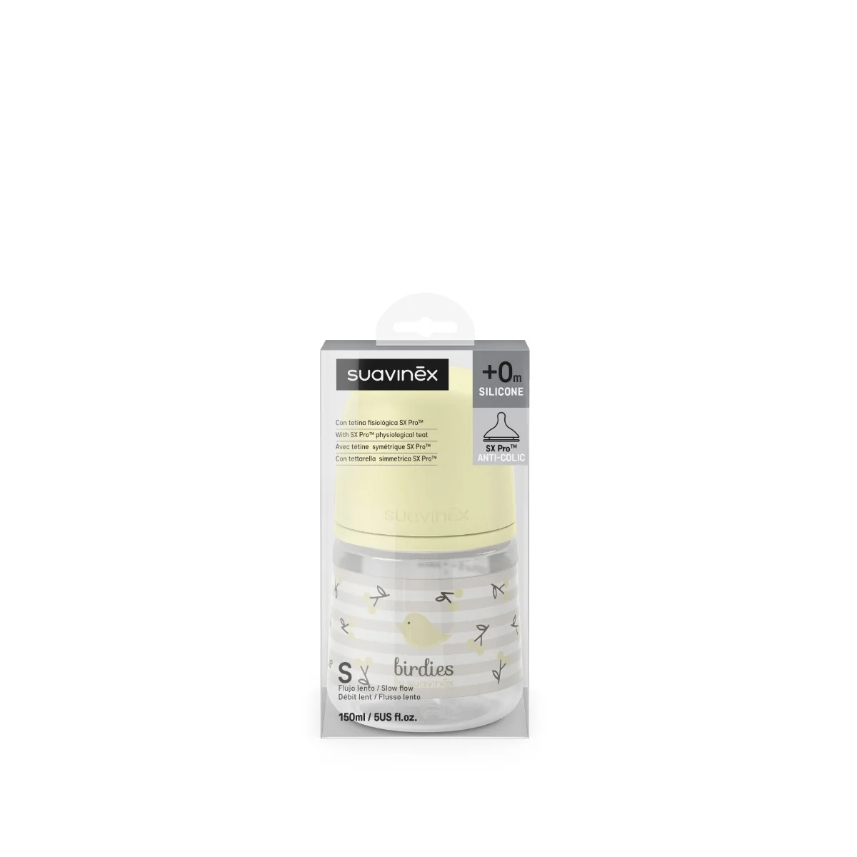 Suavinex Kojenecká láhev fyziologická BIRDIES S 150 ml 1 ks žlutá