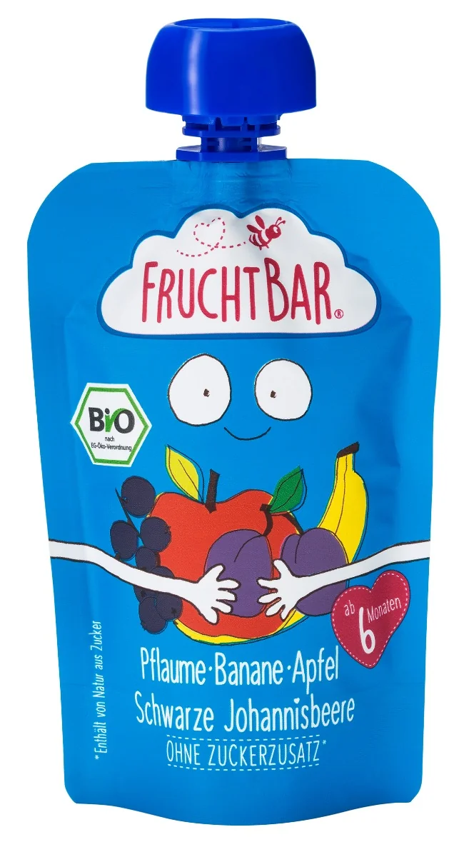 FruchtBar BIO Ovocná kapsička s jablkem, banánem, švestkou a černým rybízem 100 g