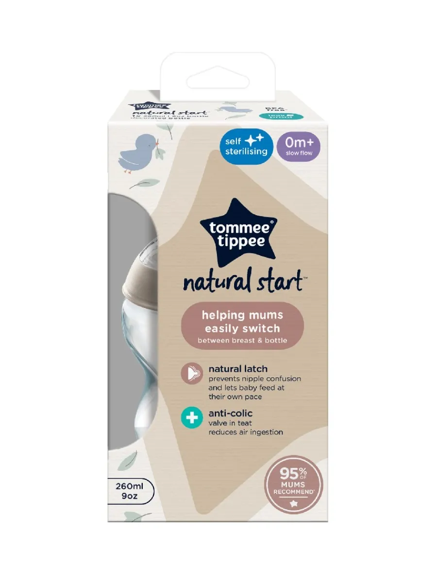 Tommee Tippee Natural Start Samosterilizační kojenecká lahev s Anti-Colic savičkou Pomalý průtok 0m+ 260 ml 1 ks ptáček