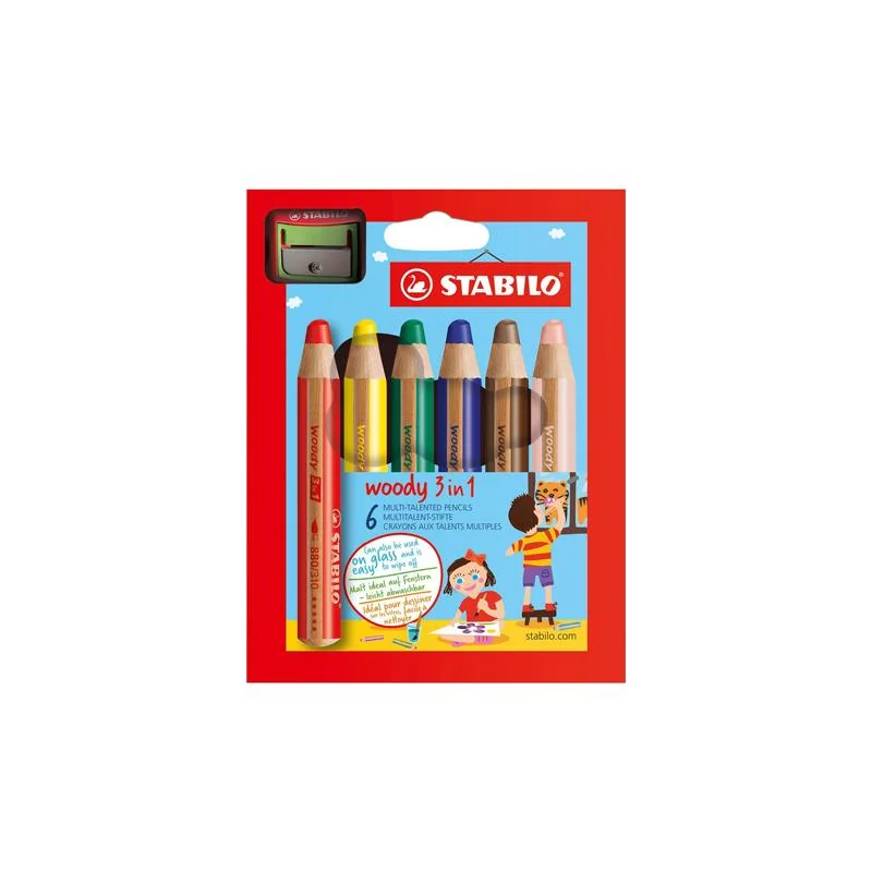 STABILO Woody 3 in 1 - 8806-2 - 6 ks sada s ořezávátkem - 6 různých barev