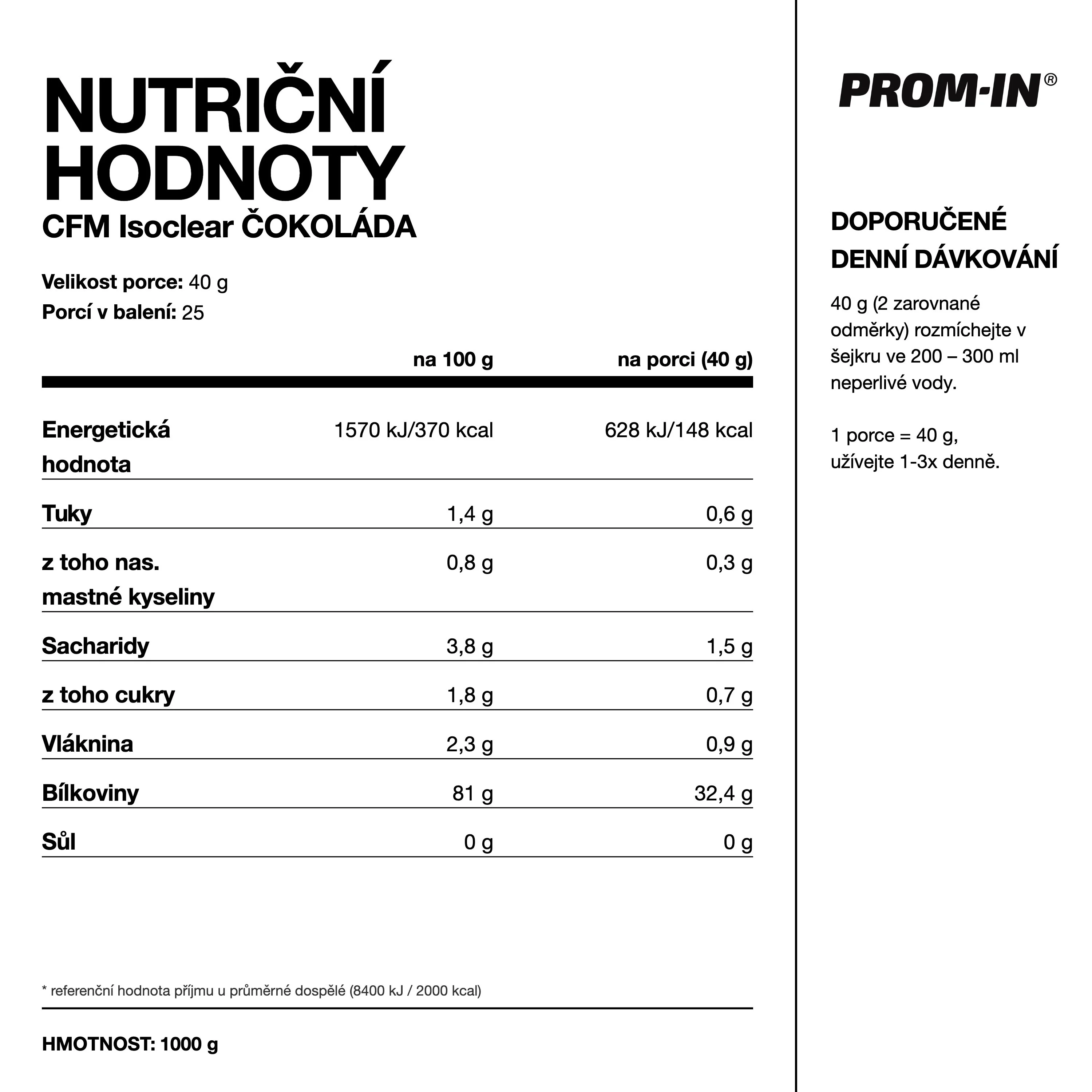 PROM-IN Isoclear CFM Čokoláda 1000 g