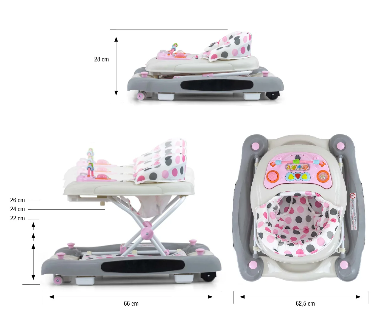 Milly Mally Dětské chodítko Patrol Plus 2v1 se světly a zvuky – Dots pink,grey