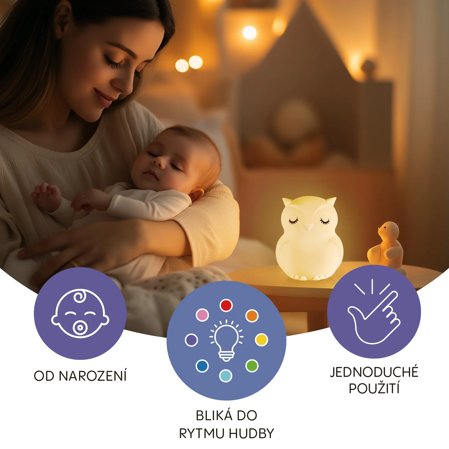 Zopa Silikonová LED noční lampička s hudbou vel. L, Owl 2 