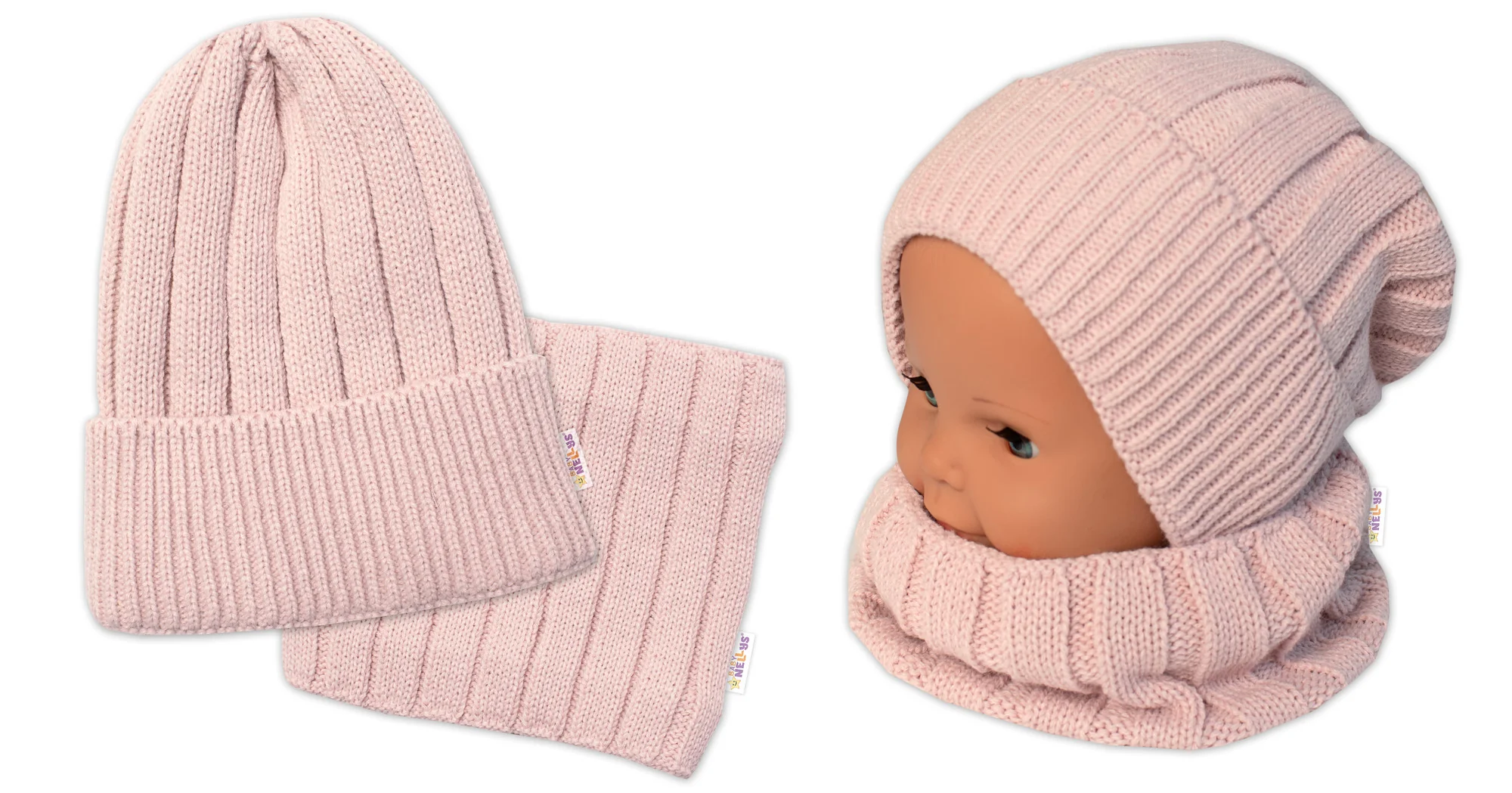 Baby Nellys Dětská zimní nadčasová čepice + komínek , pudrová