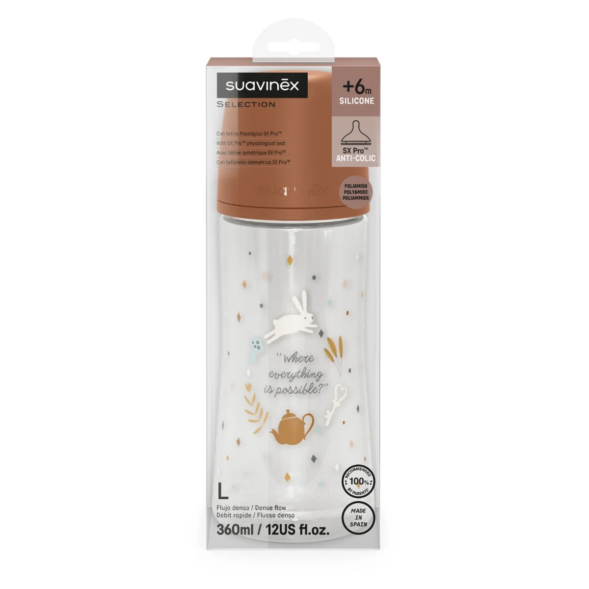 Suavinex Wonderland Kojenecká láhev průtok L 6m+ 360 ml 1 ks hnědá