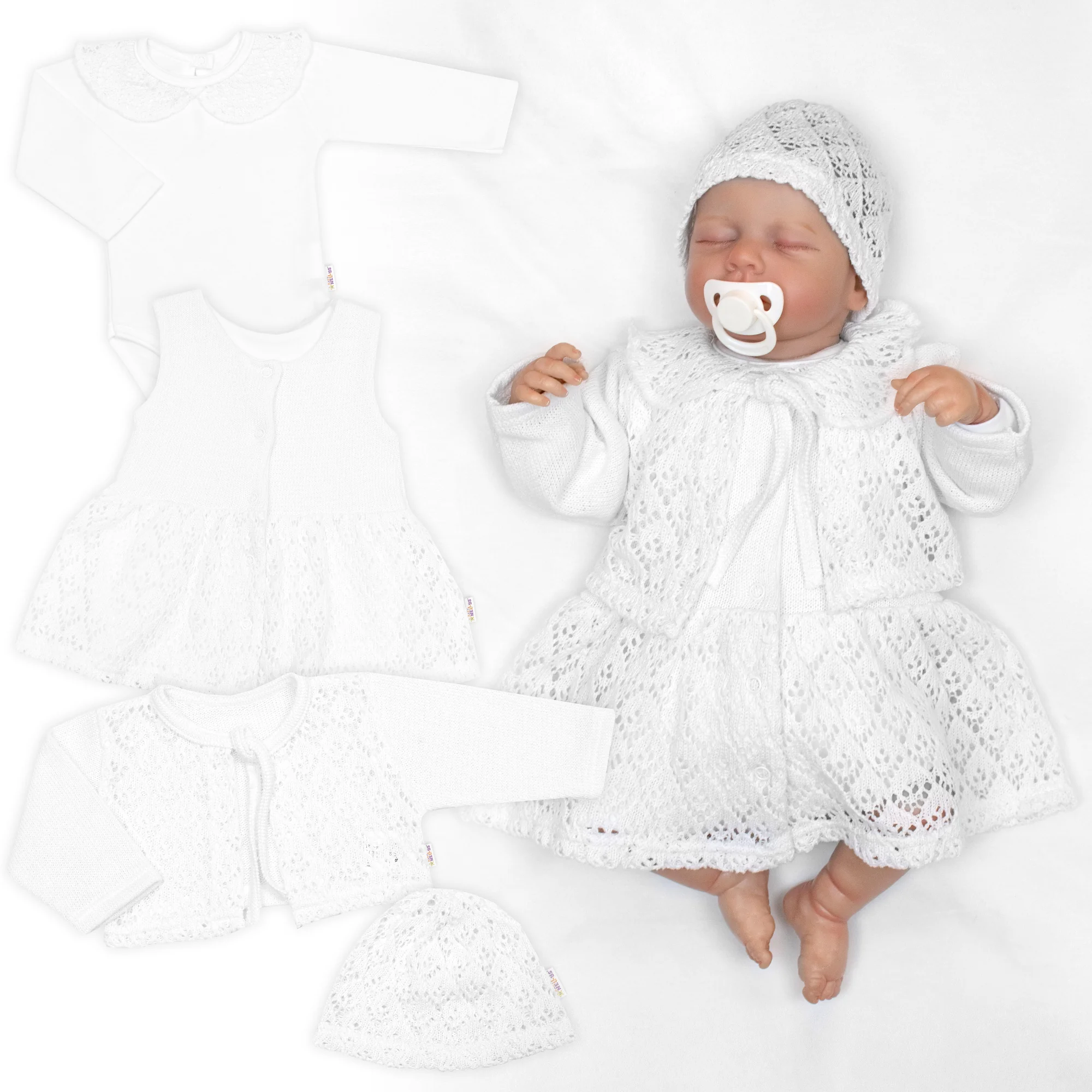 Baby Nellys Luxusní pletená sada pro holčičku na křtiny a oslavu 4D design - bílá, vel. 74 vel.  74