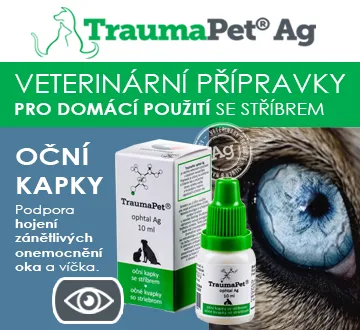TraumaPet Ag. Veterinární přípravky pro domácí použití se stříbrem. Oční kapky. Podpora hojení zánětlivých onemocnění očí a očních víček.
