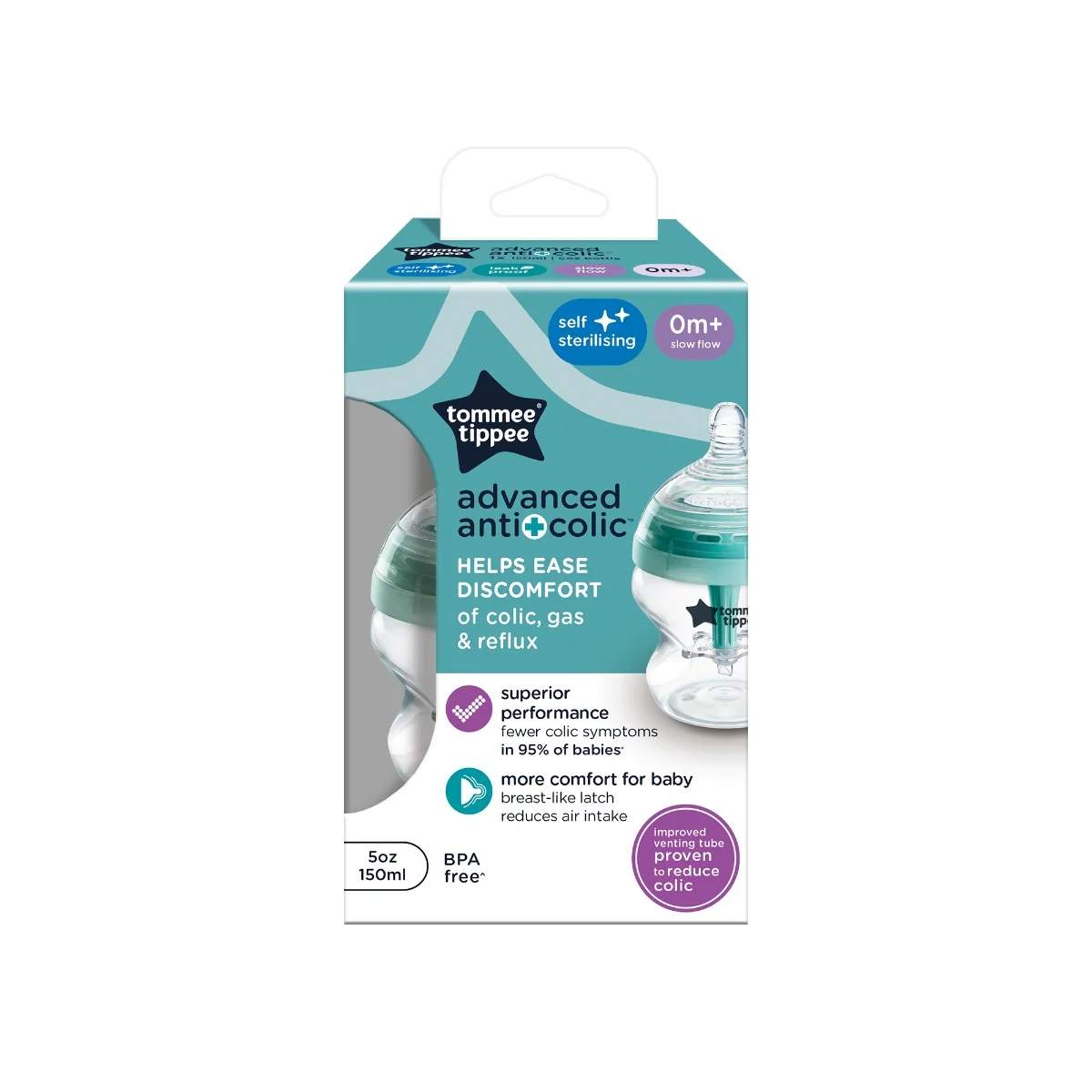 Tommee Tippee Advanced Anti-Colic Samosterilizační kojenecká lahev Pomalý průtok 0m+ 150 ml 1 ks