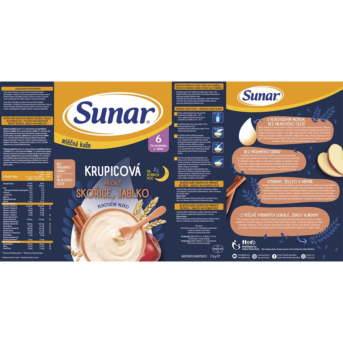 Sunar Mléčná krupicová kaše na dobrou noc skořice a jablko 210 g