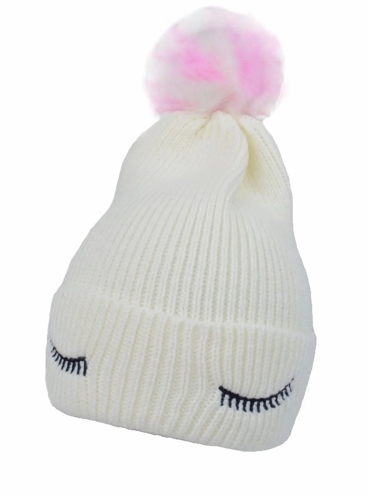 Baby Nellys Dětská zimní čepice s bambulí Eyes, bílá vel. 46-50 cm