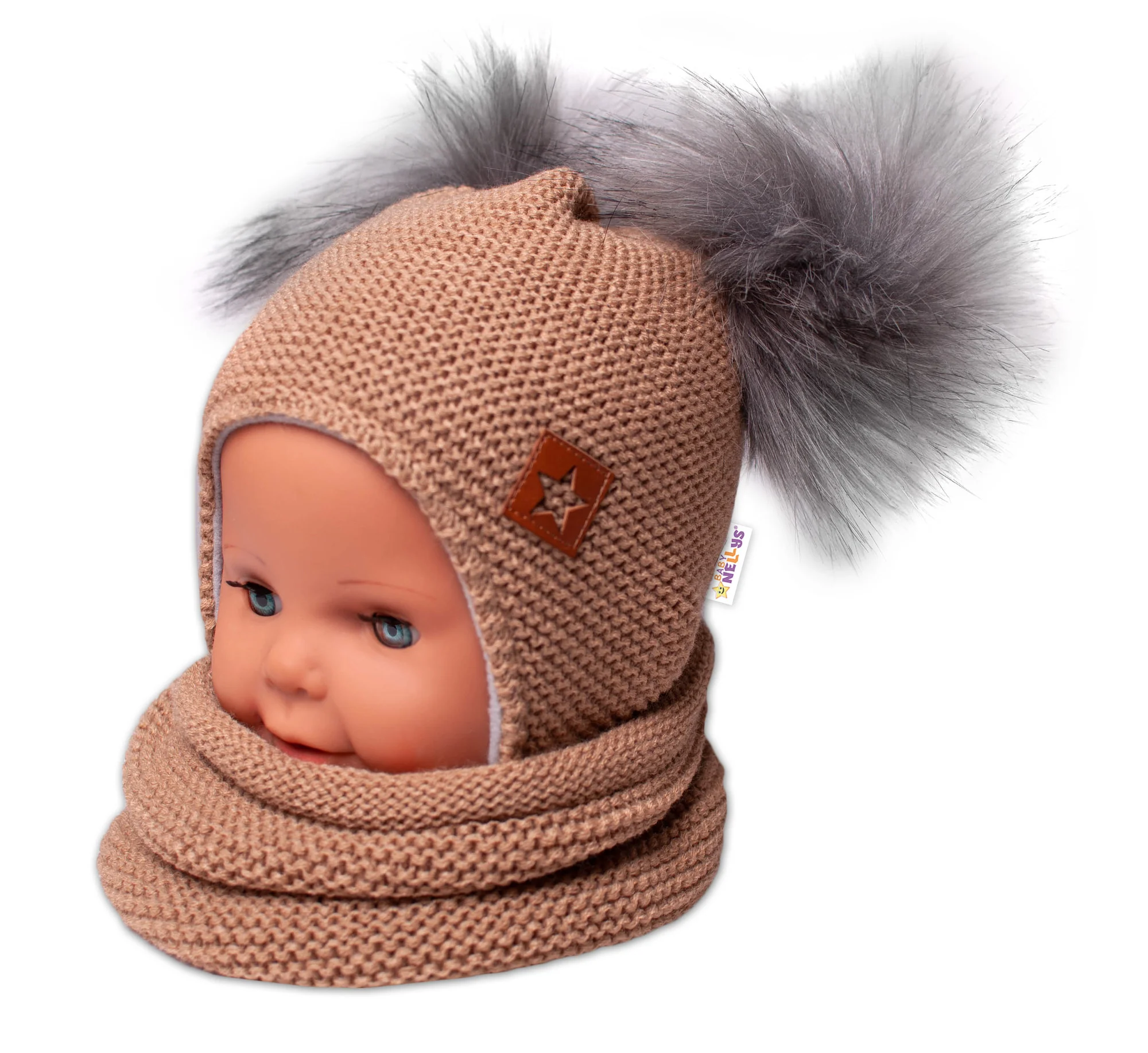 Baby Nellys Zimní čepice s fleecem Star + komínek,medová, 98/104